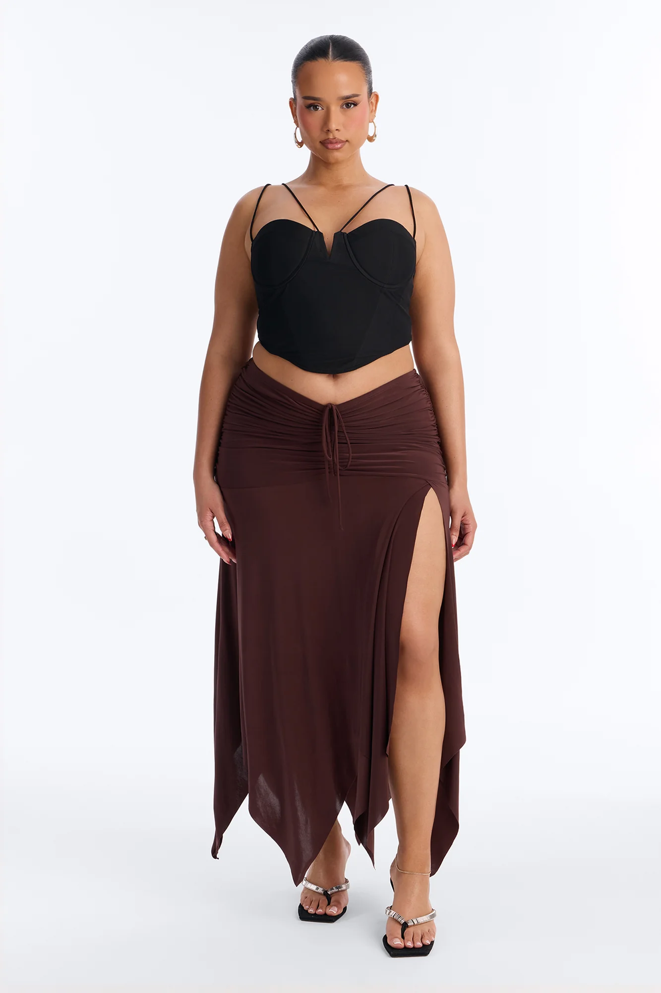 Miranda Low Rise Ruched Flowy Midi Skirt - Brown - Image 5