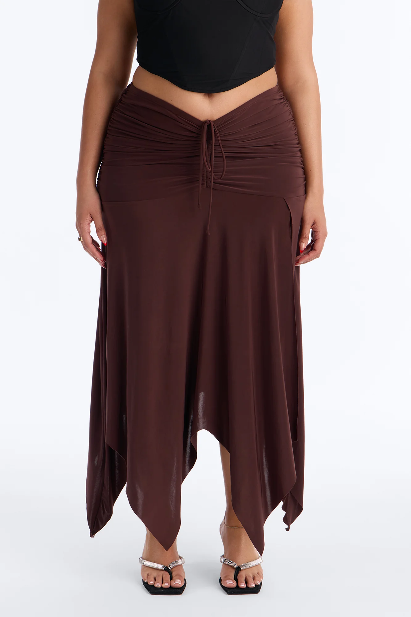 Miranda Low Rise Ruched Flowy Midi Skirt - Brown - Image 6