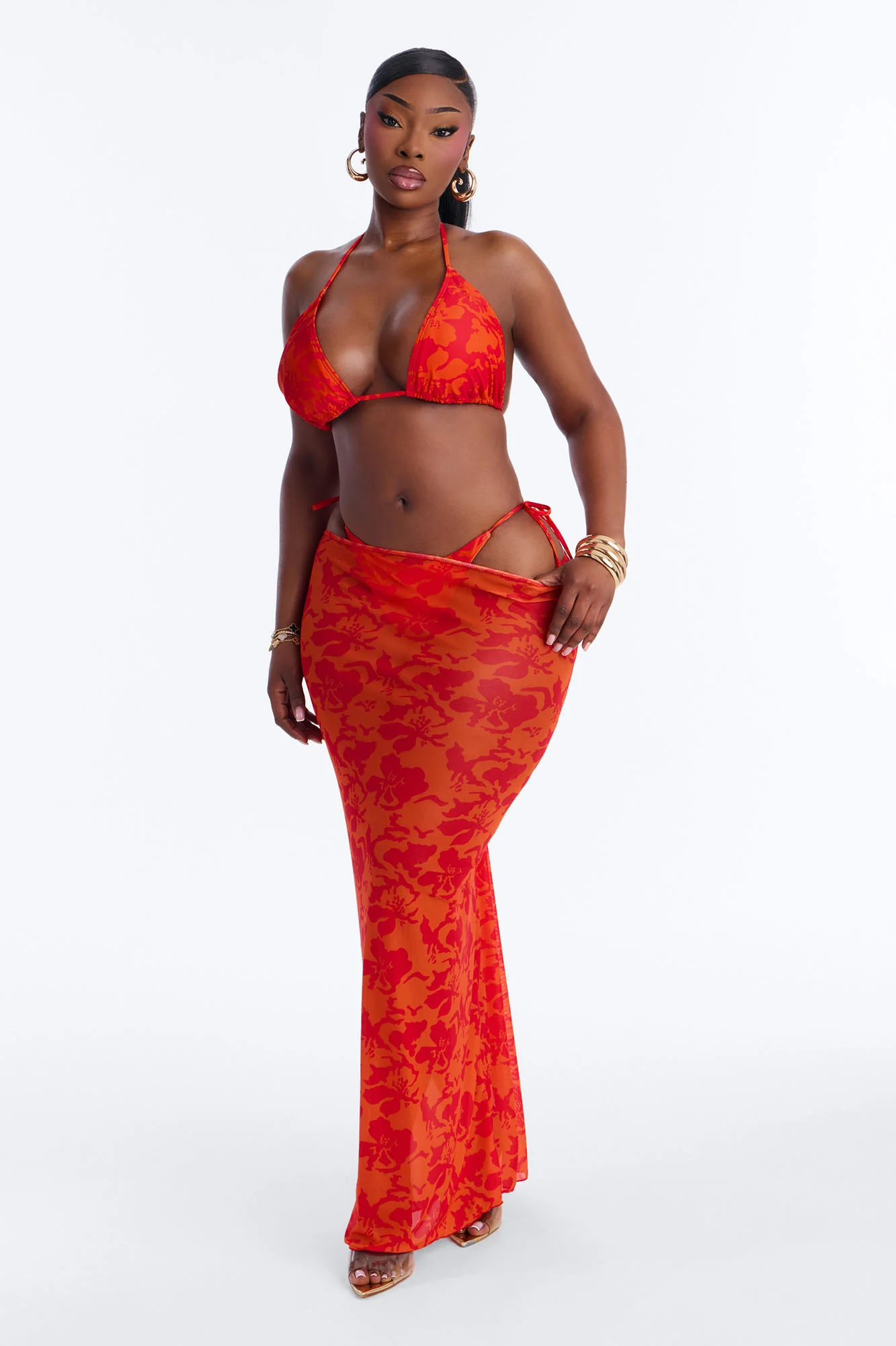 Mirella 3 Piece Floral Triangle Bikini & Cover Up Skirt Sunsuit - Orange - Image 5