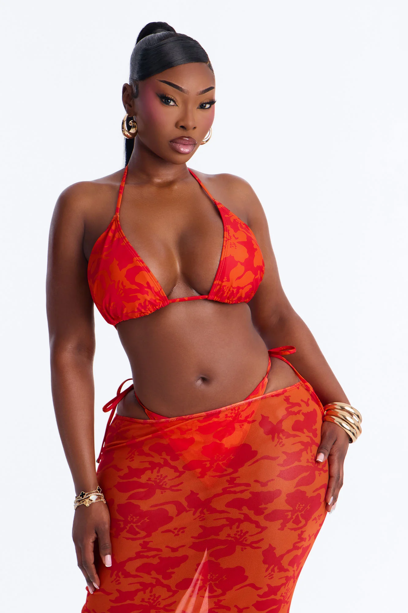 Mirella 3 Piece Floral Triangle Bikini & Cover Up Skirt Sunsuit - Orange - Image 7