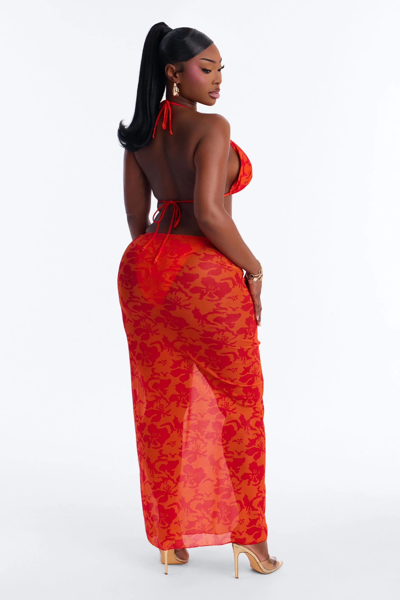 Mirella 3 Piece Floral Triangle Bikini & Cover Up Skirt Sunsuit - Orange - Image 9
