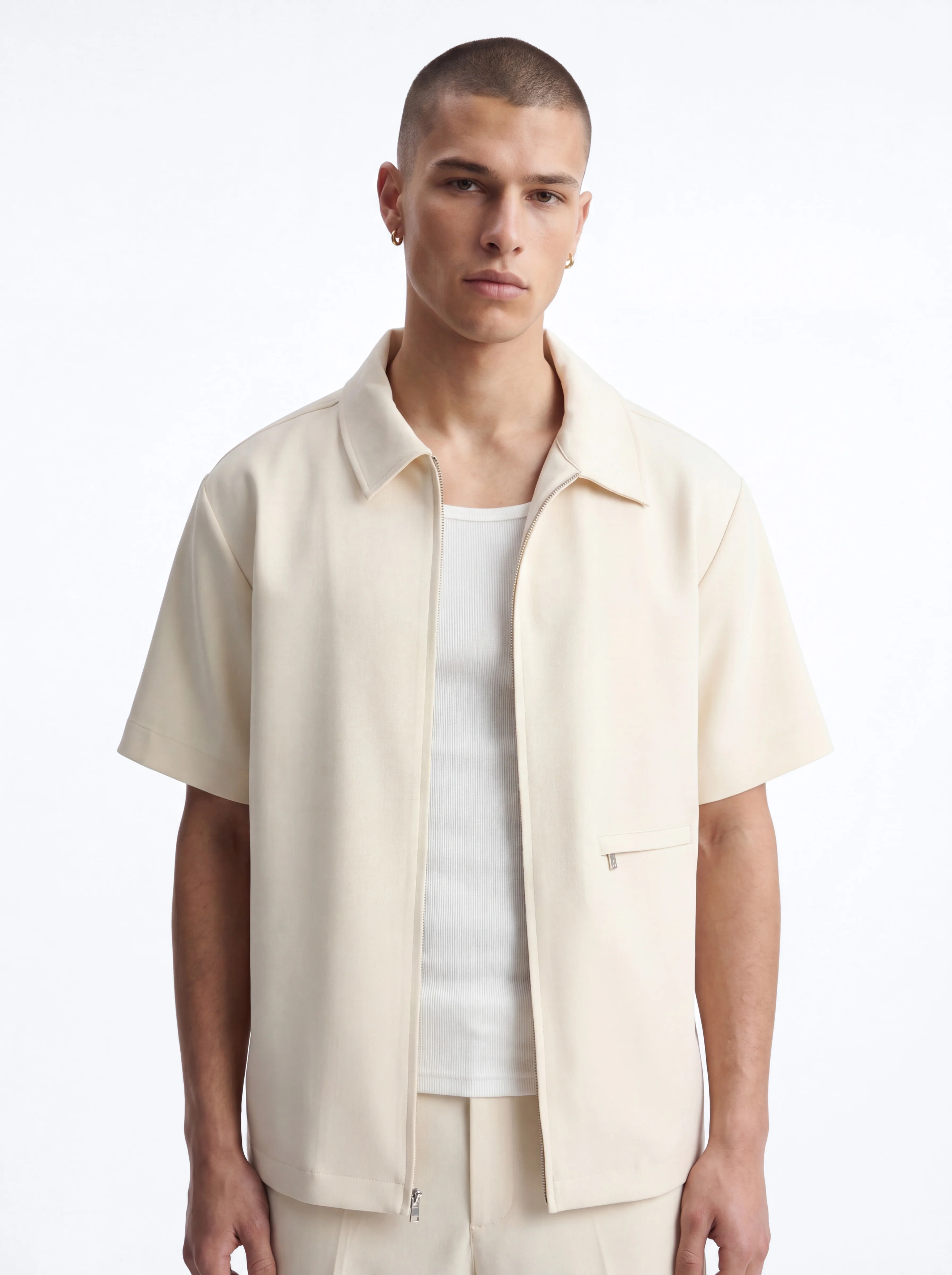 Modern Essential Short Sleeve Zip Collar Shirt - Beige