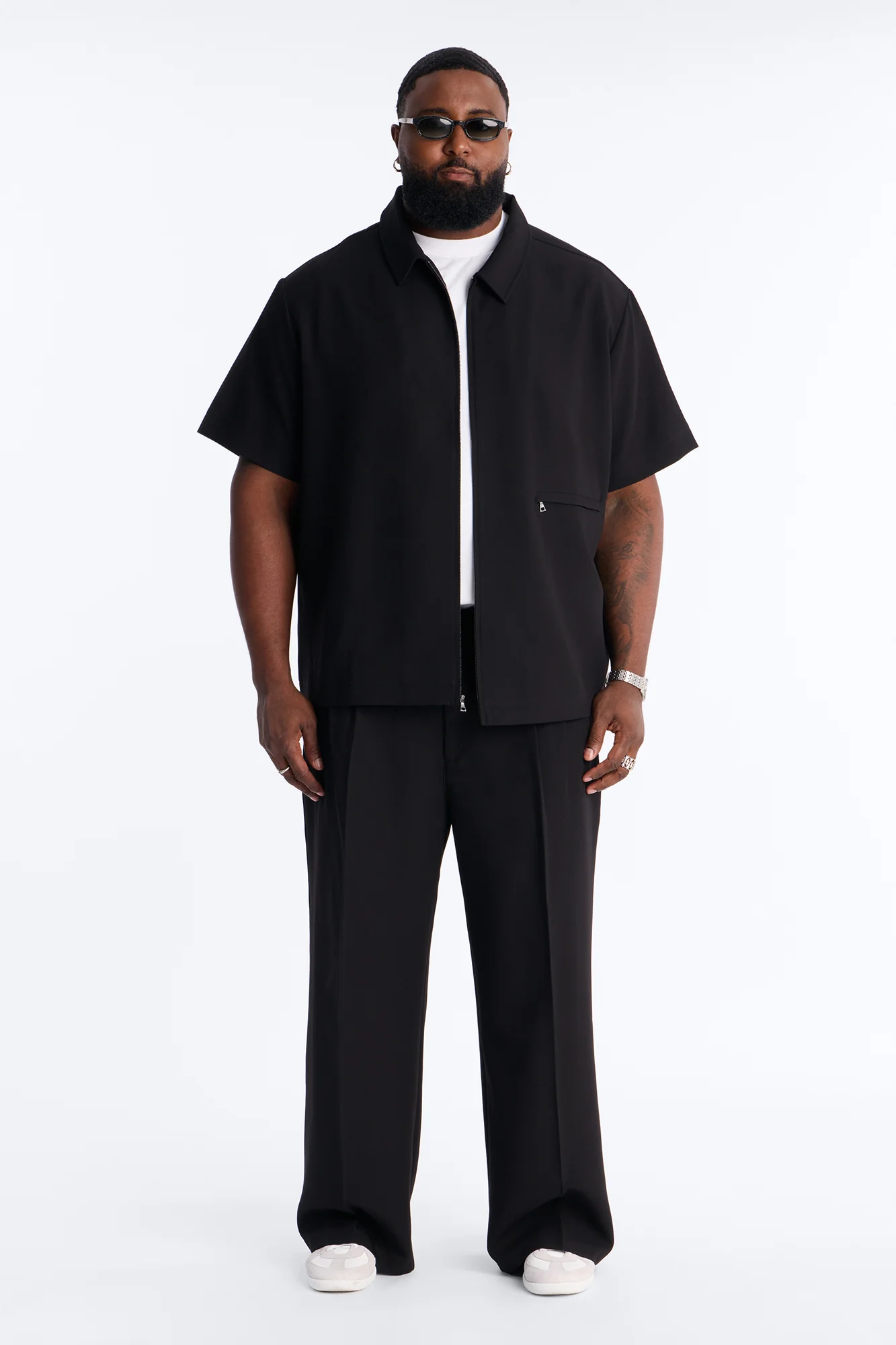 Modern Essential Short Sleeve Zip Collar Shirt - Black - Image 8