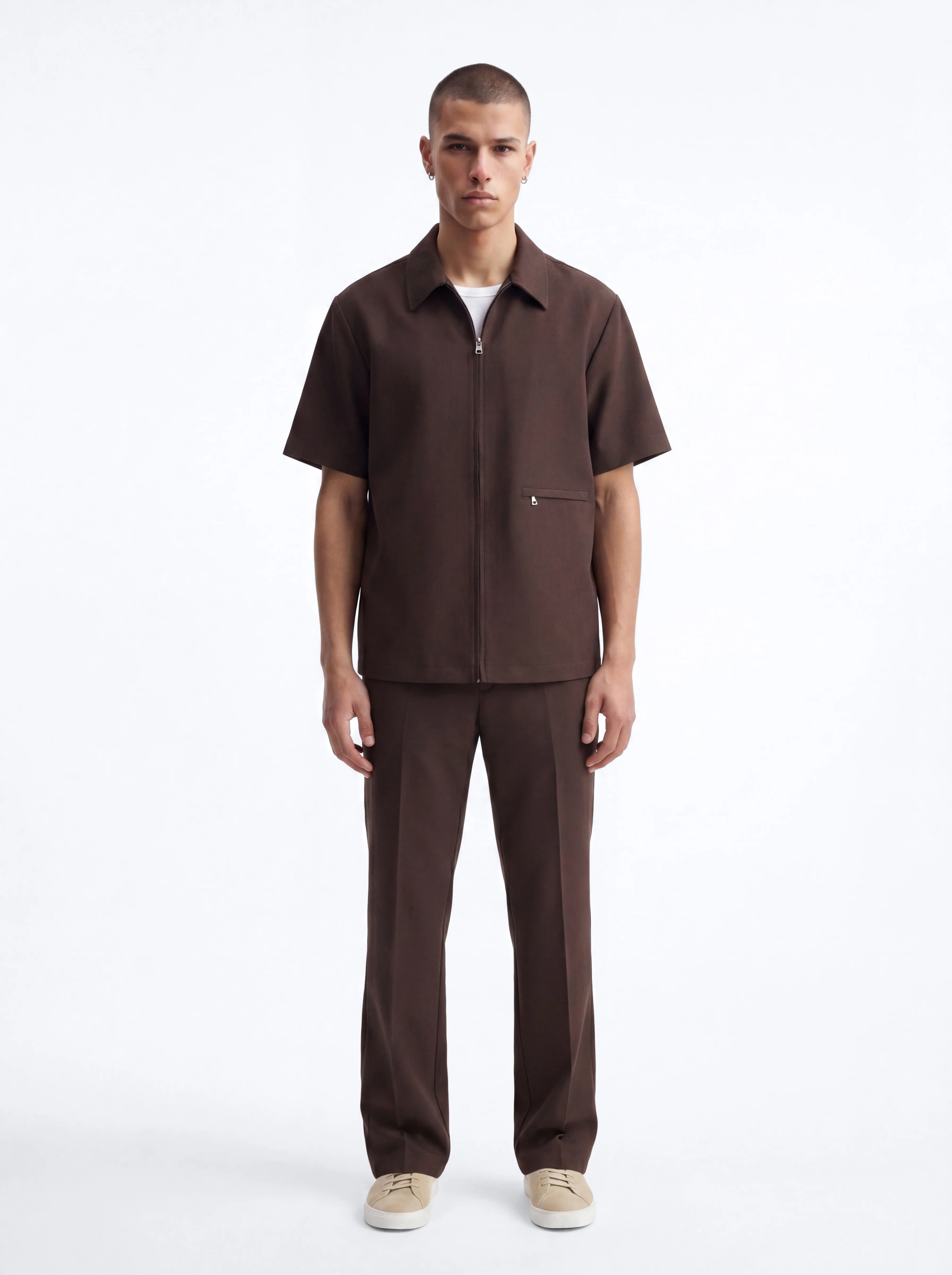 Modern Essential Short Sleeve Zip Collar Shirt - Chocolate