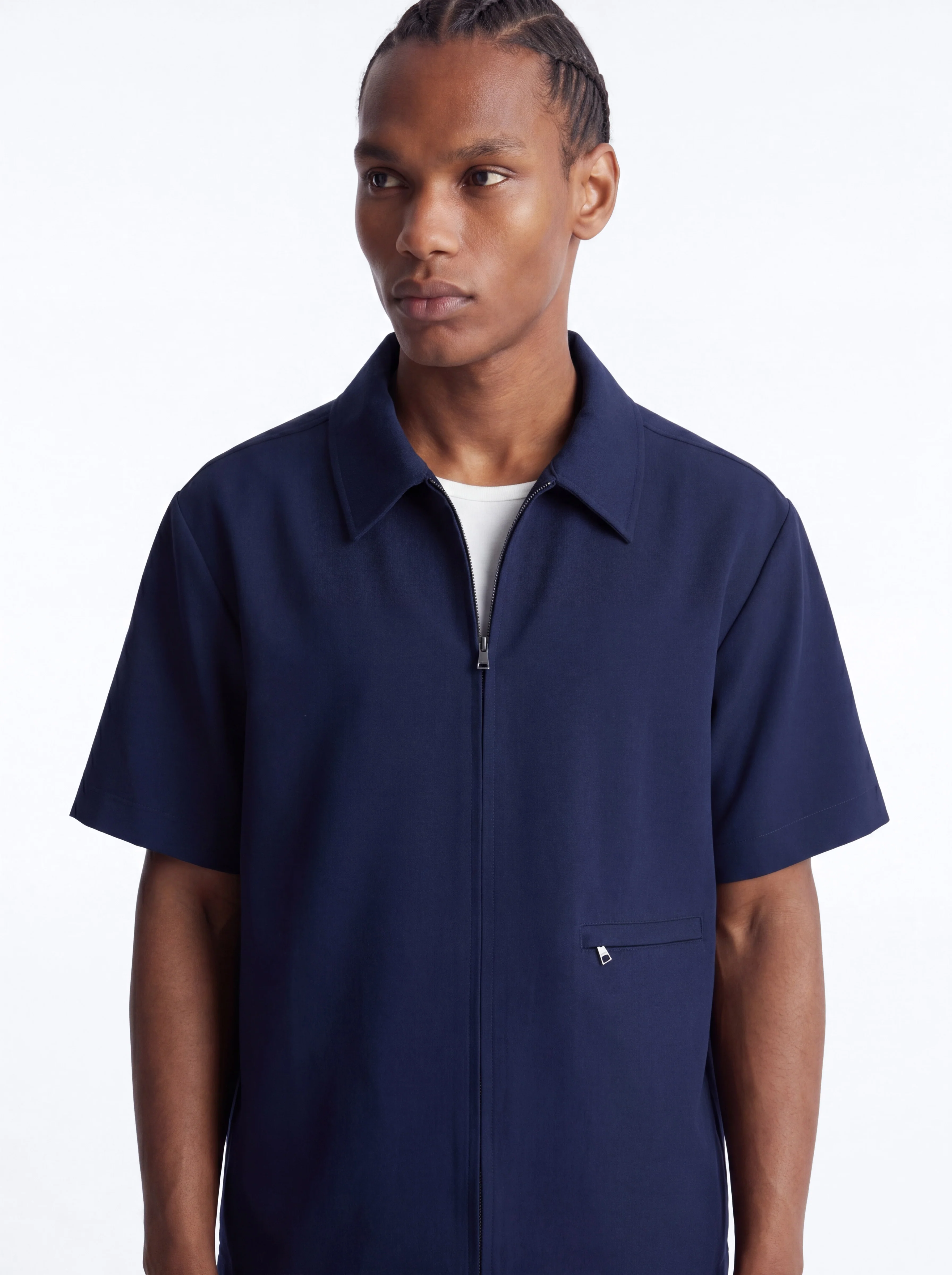 Modern Essential Short Sleeve Zip Collar Shirt - Navy - Image 2