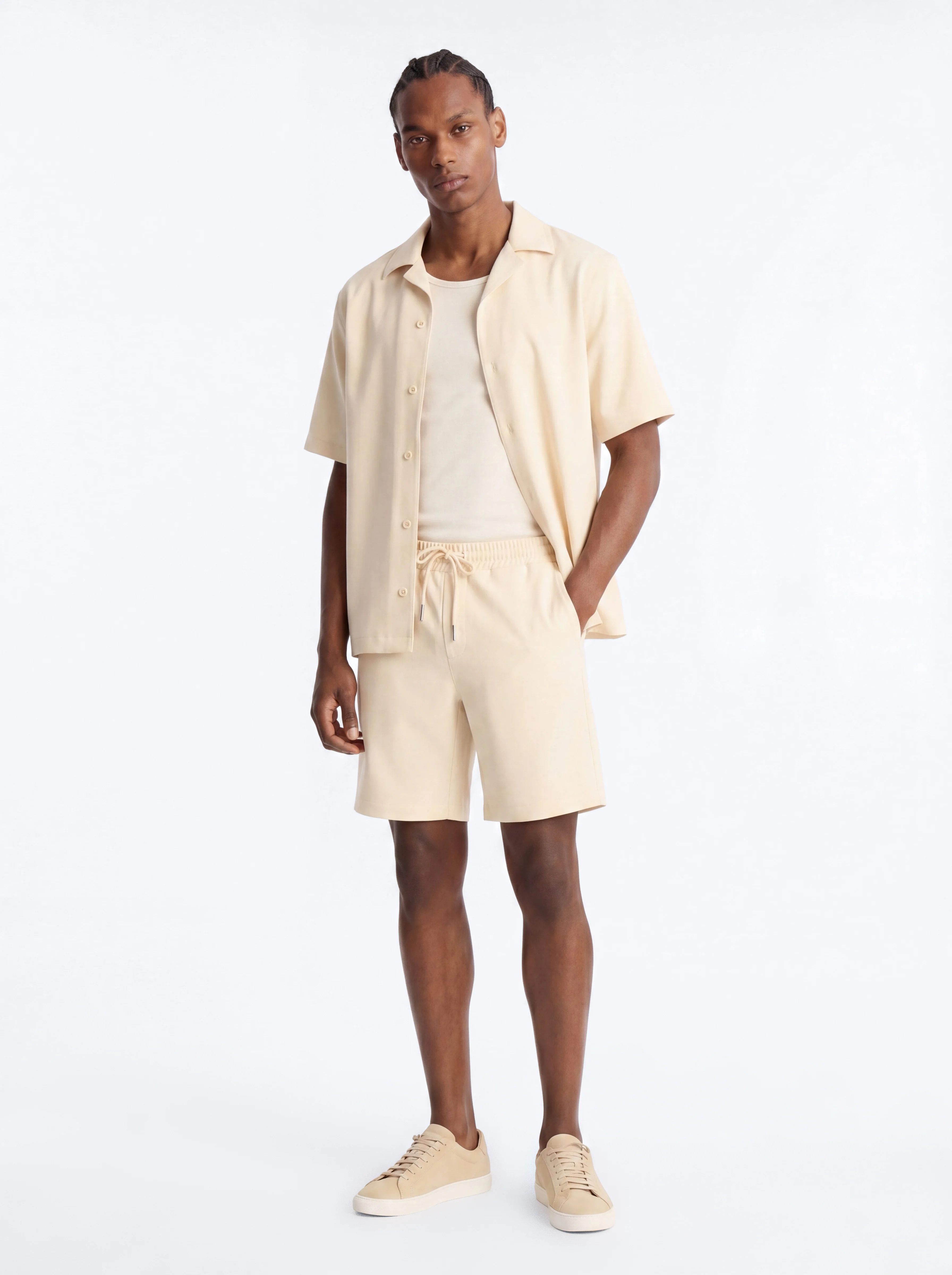 Modern Essential Sleeve Cuban Collar Button Down - Beige