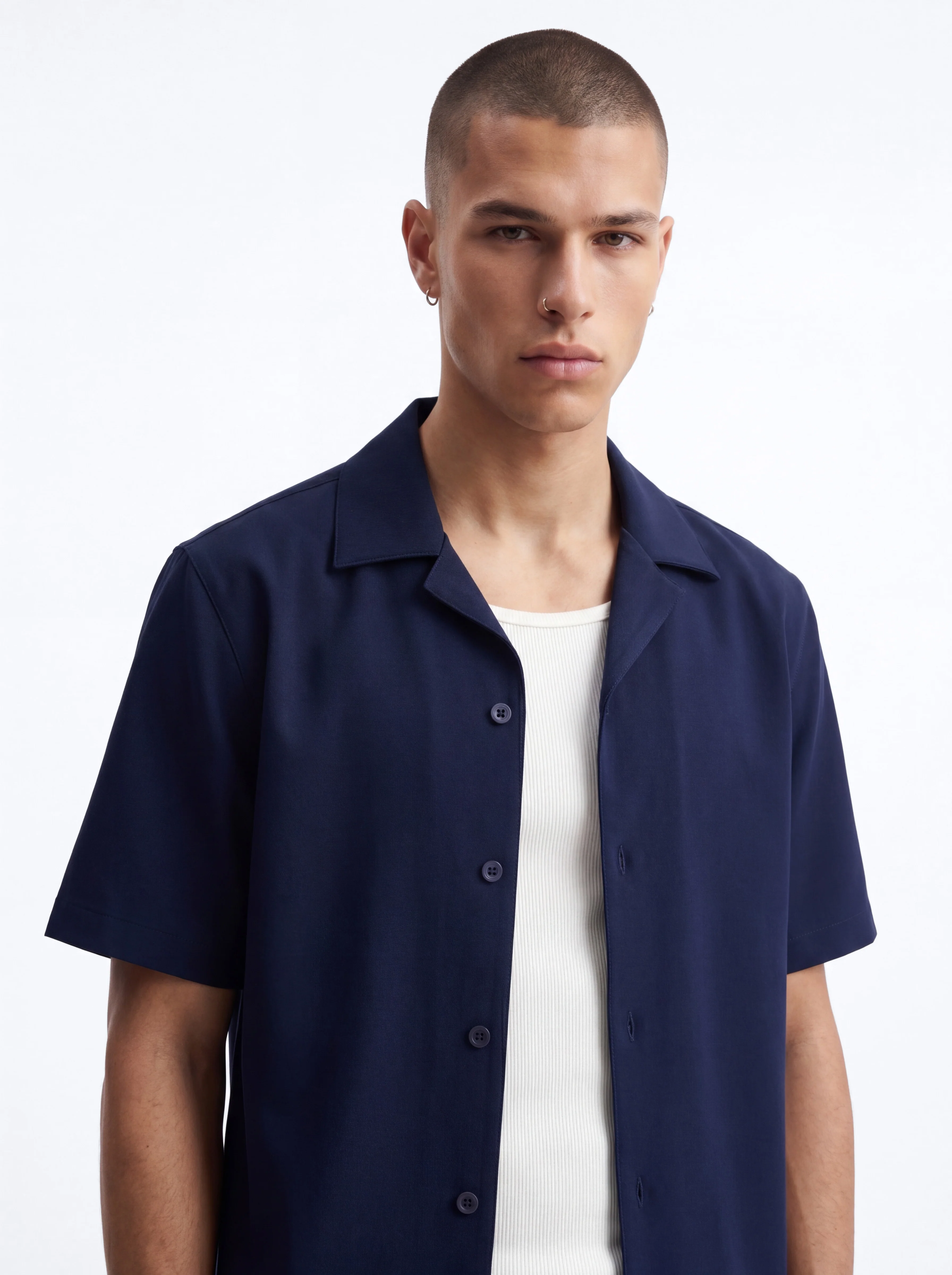 Modern Essential Sleeve Cuban Collar Button Down - Navy - Image 3