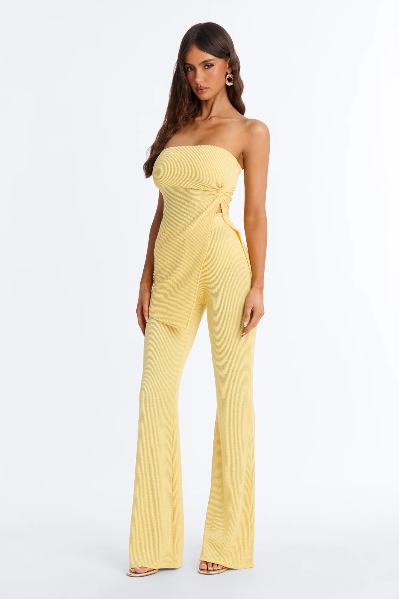 Mona Textured Strapless Flare Pant Set - Yellow