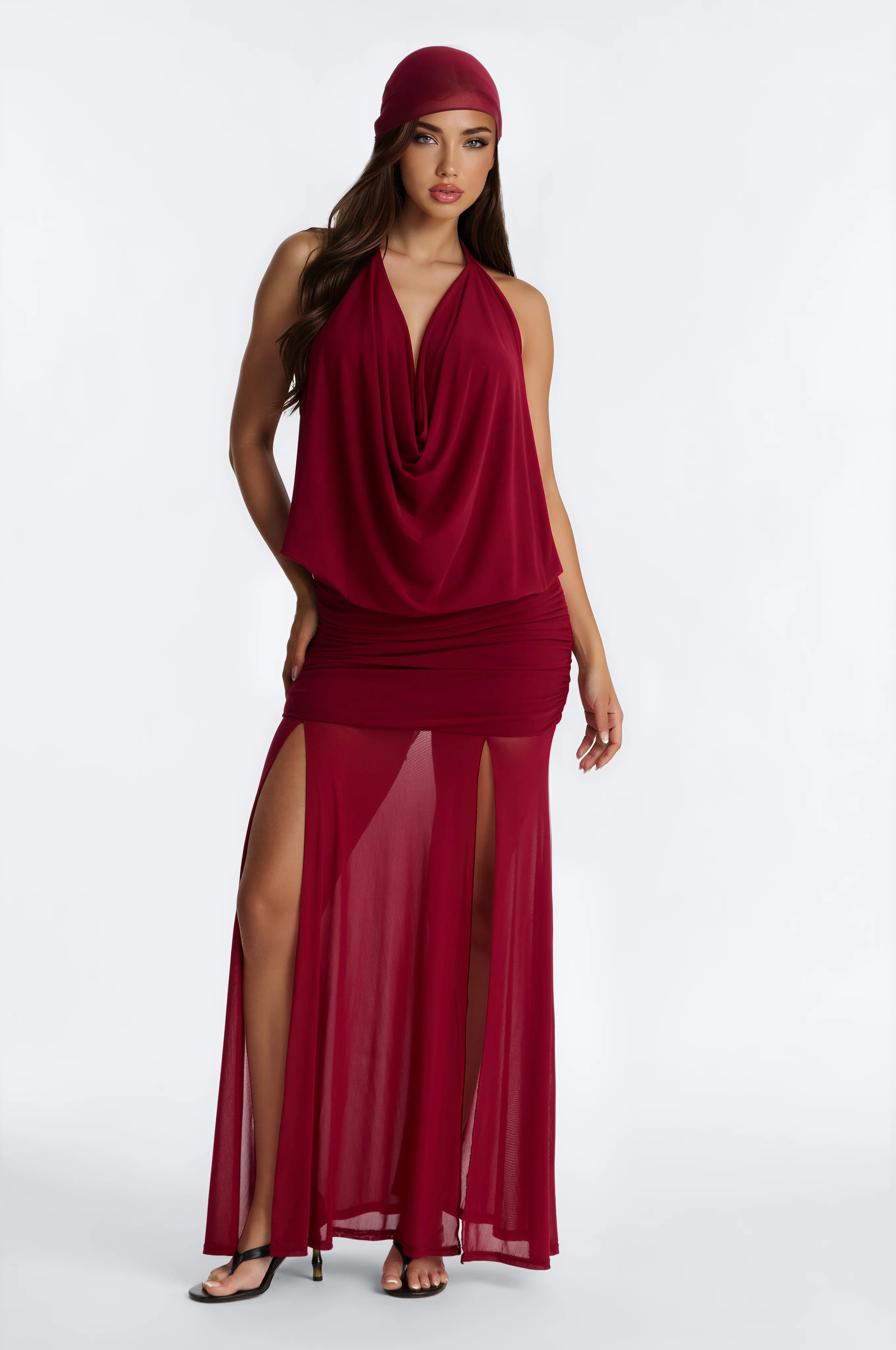 Monica Mesh 3 Piece Maxi Skirt Set - Wine