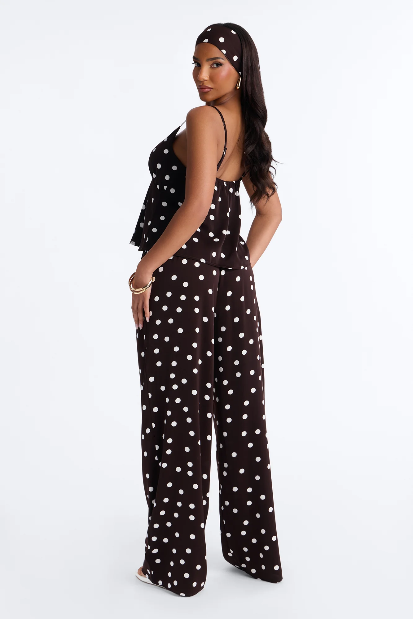 Monique Satin Polka Dot 3 Piece Pant Set - Brown Combo - Image 4