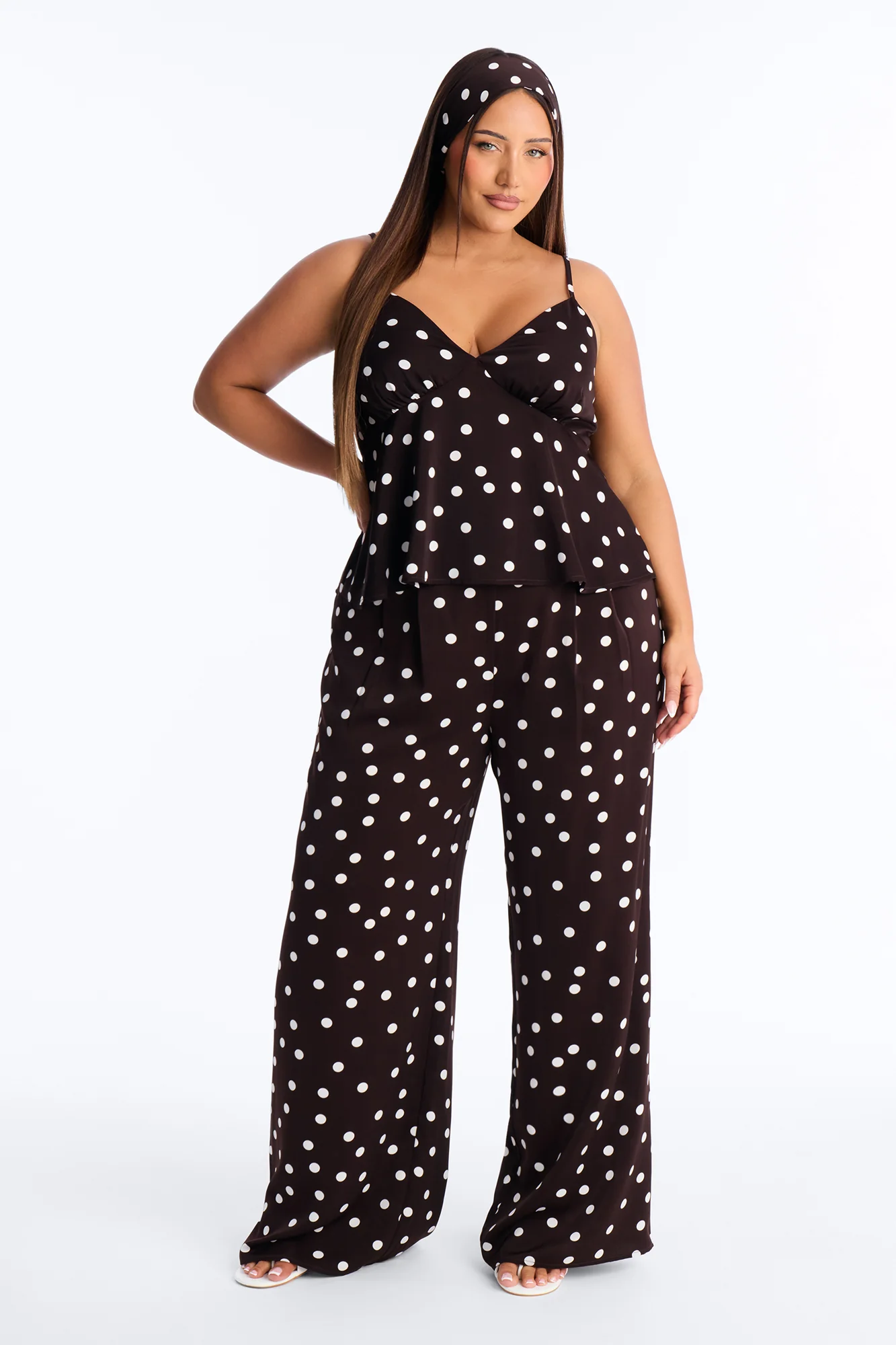 Monique Satin Polka Dot 3 Piece Pant Set - Brown Combo - Image 5