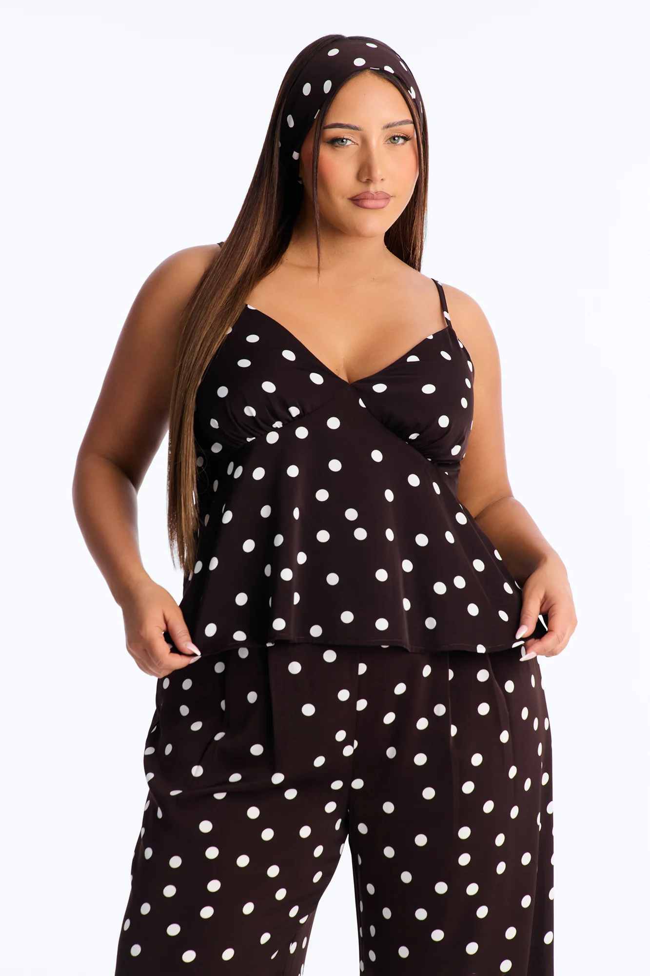 Monique Satin Polka Dot 3 Piece Pant Set - Brown Combo - Image 6