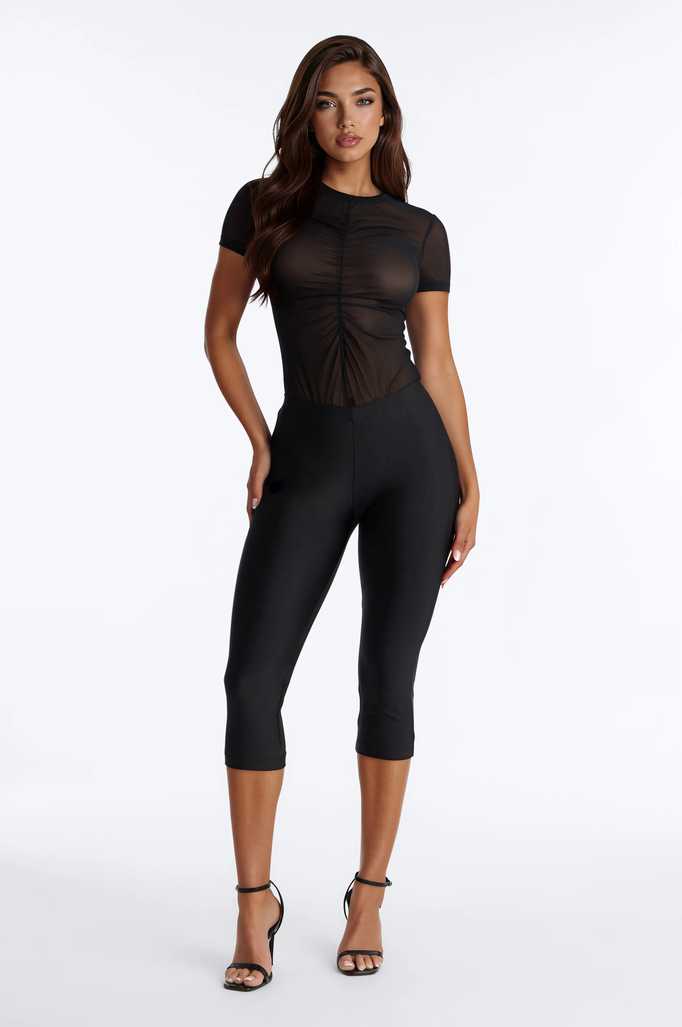 Monroe Mesh Ruched Short Sleeve Bodysuit - Black