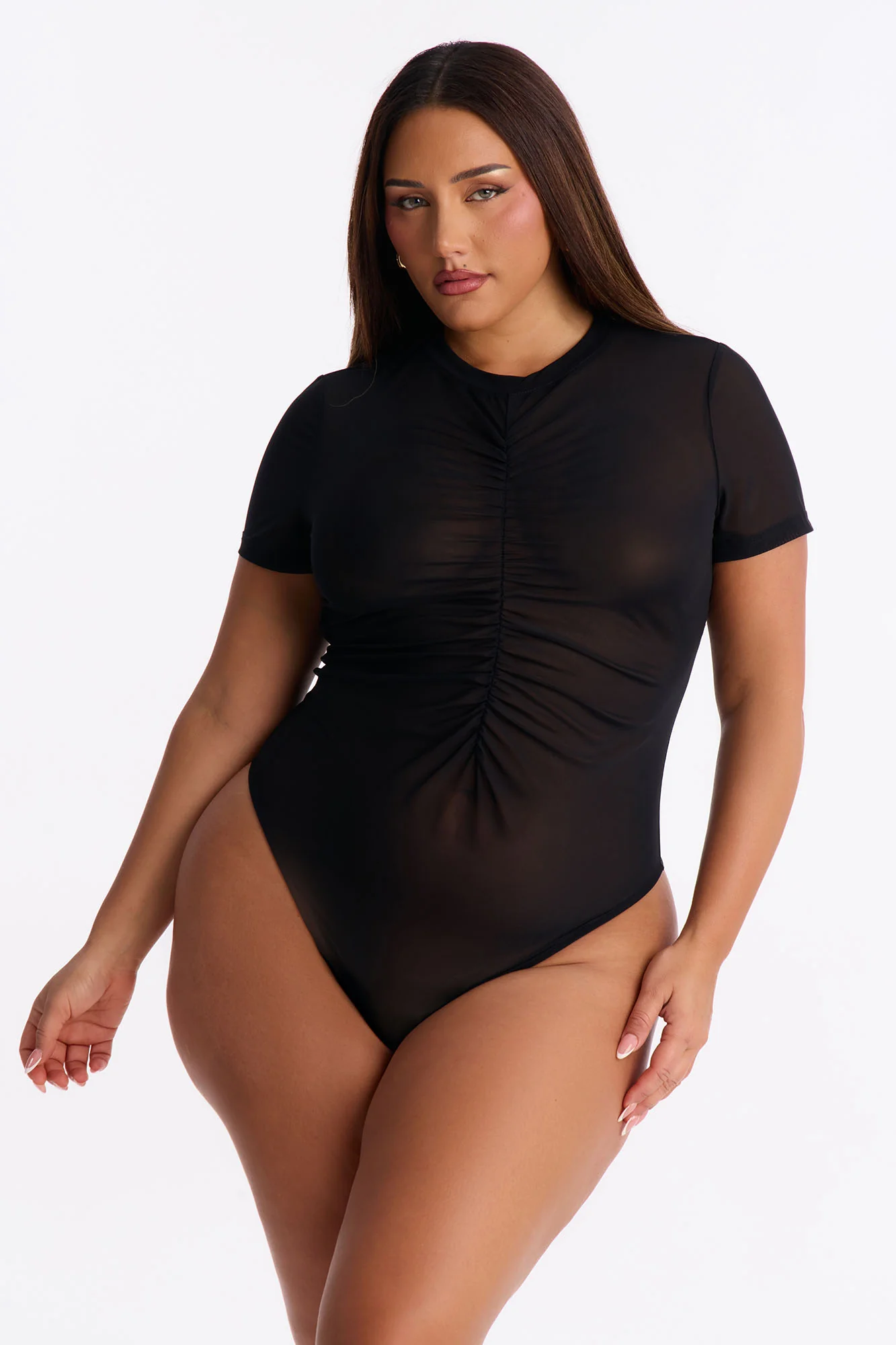 Monroe Mesh Ruched Short Sleeve Bodysuit - Black - Image 4