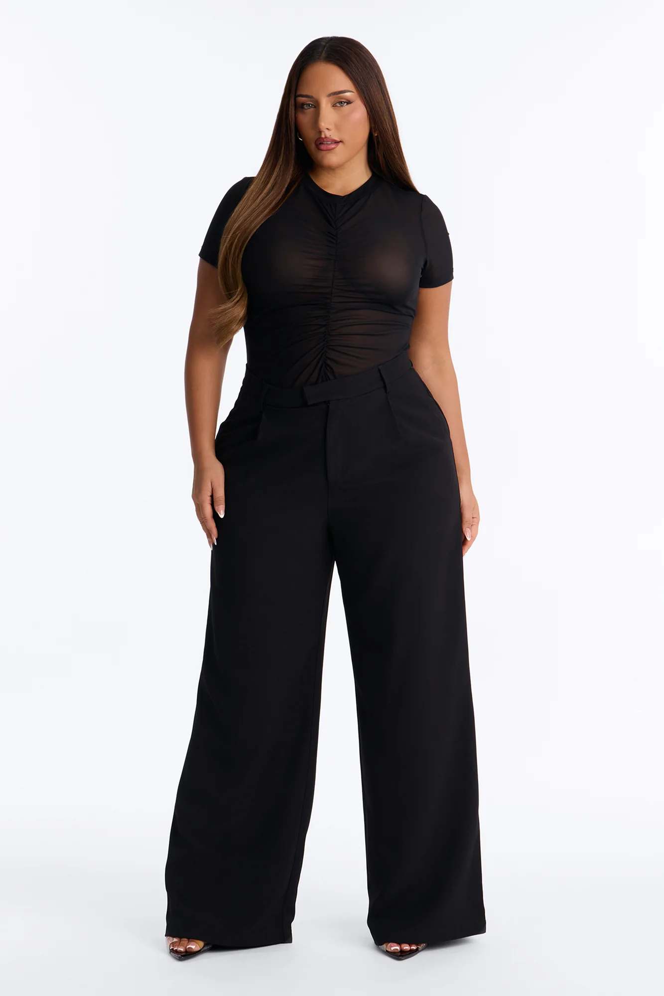 Monroe Mesh Ruched Short Sleeve Bodysuit - Black - Image 6