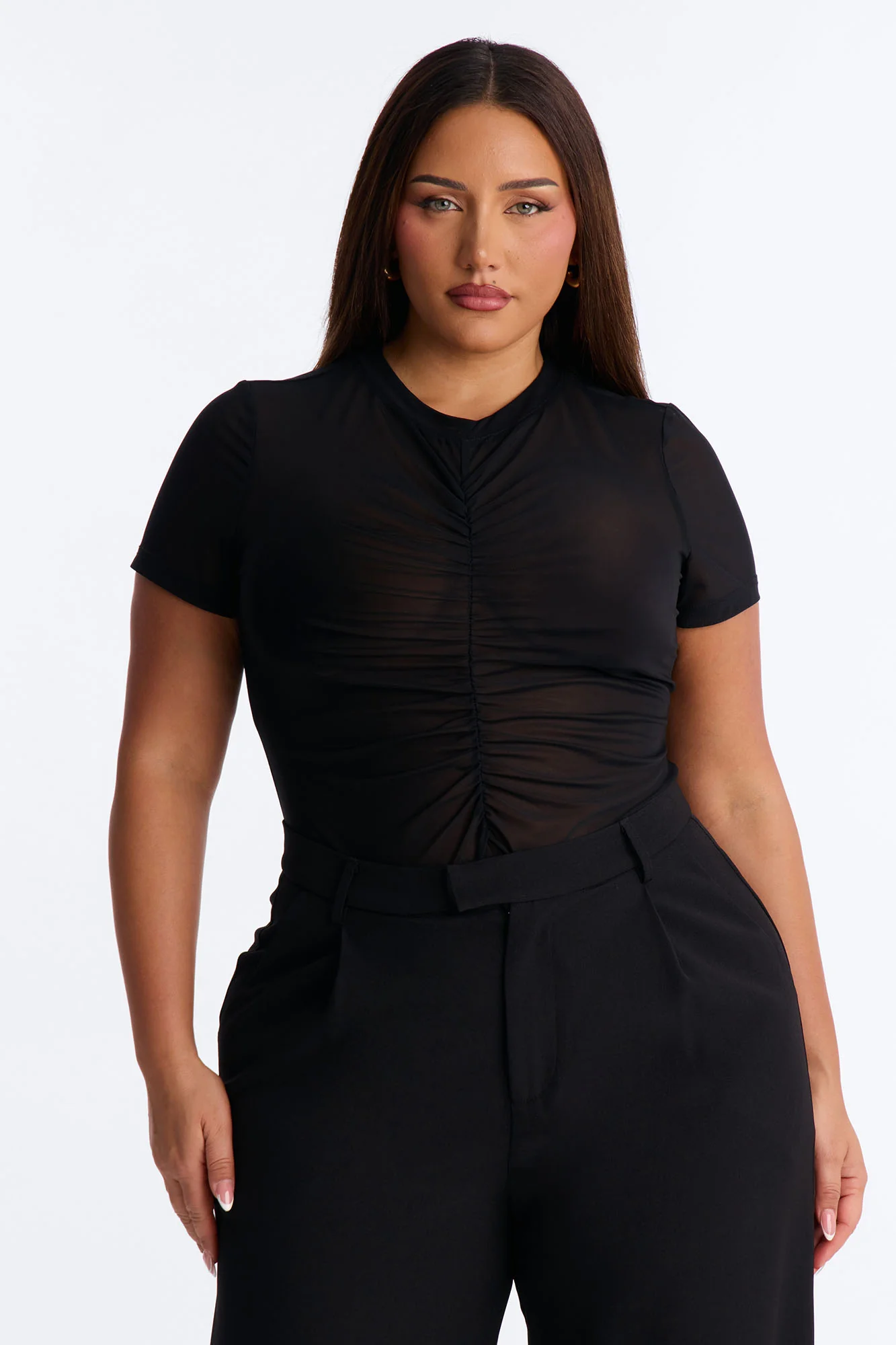 Monroe Mesh Ruched Short Sleeve Bodysuit - Black - Image 7
