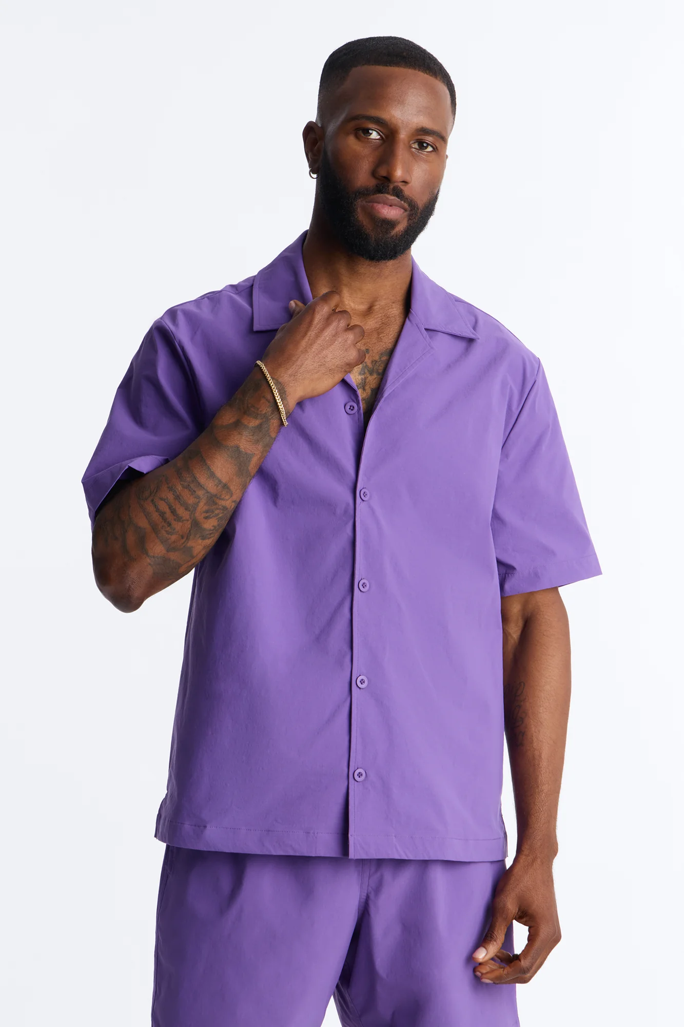 Montez Cuban Collar Button Up Shirt - Purple - Image 3