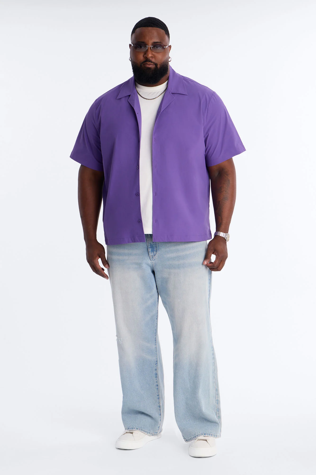 Montez Cuban Collar Button Up Shirt - Purple - Image 6