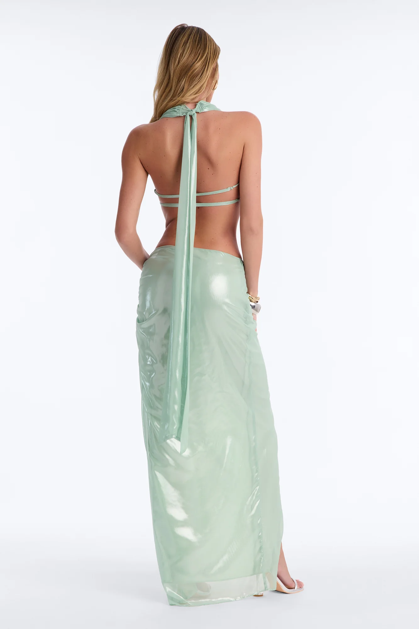 Moonlight Metallic Chiffon Maxi Skirt Set - Mint - Image 4