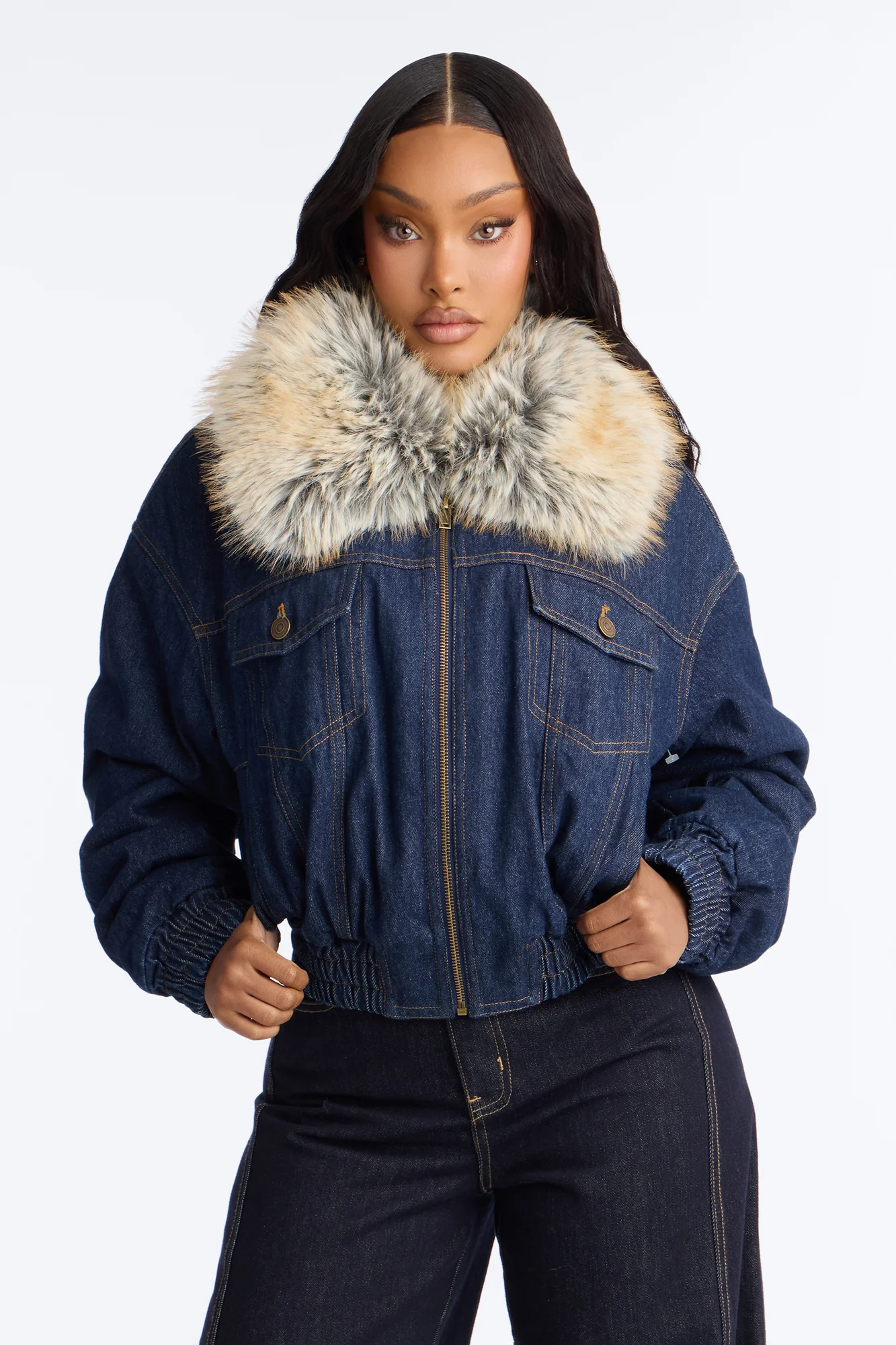 Méribel Faux Fur Denim Jacket - Dark Denim