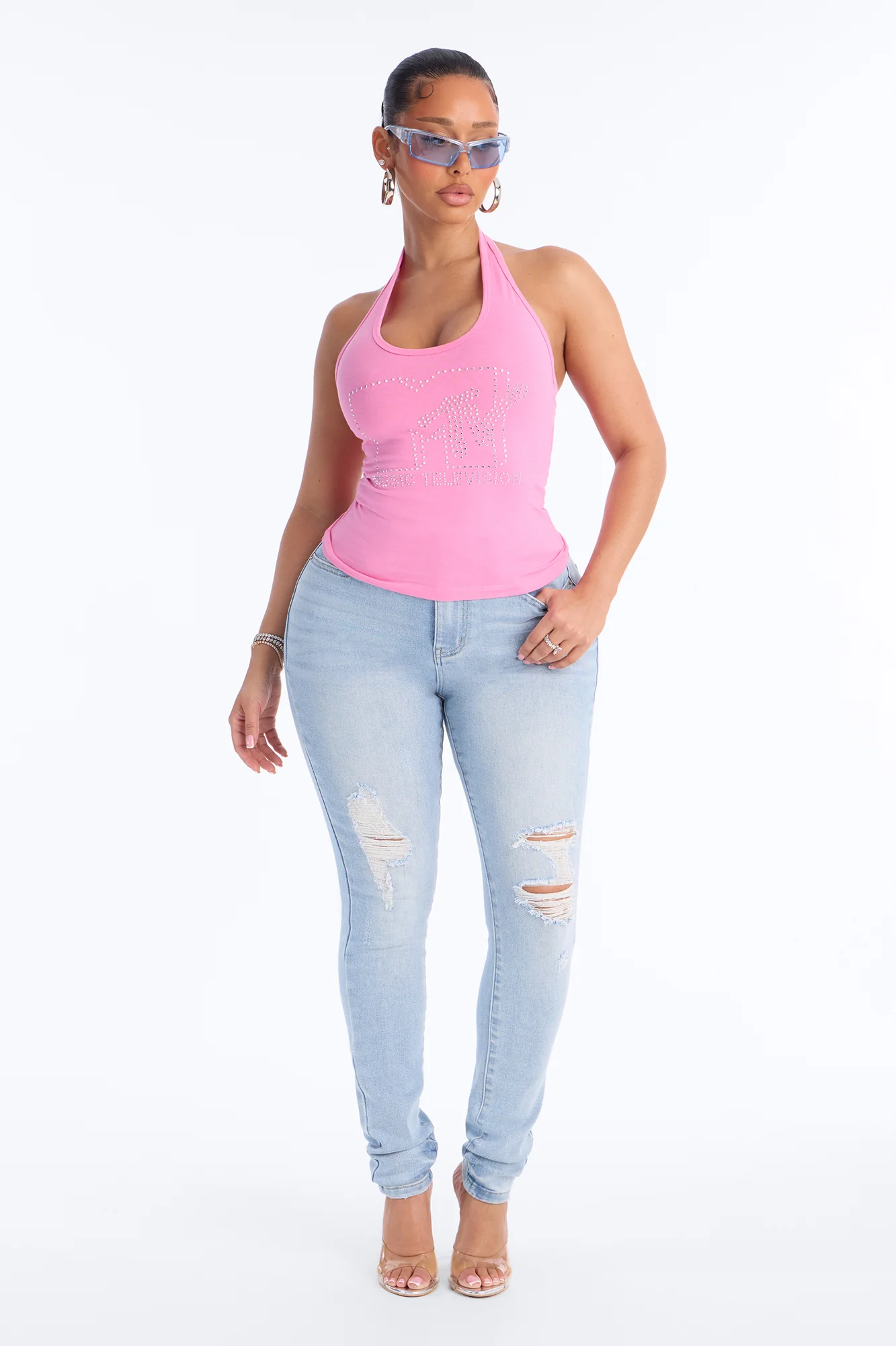 MTV Rhinestone Halter Top - Light Pink - Image 2