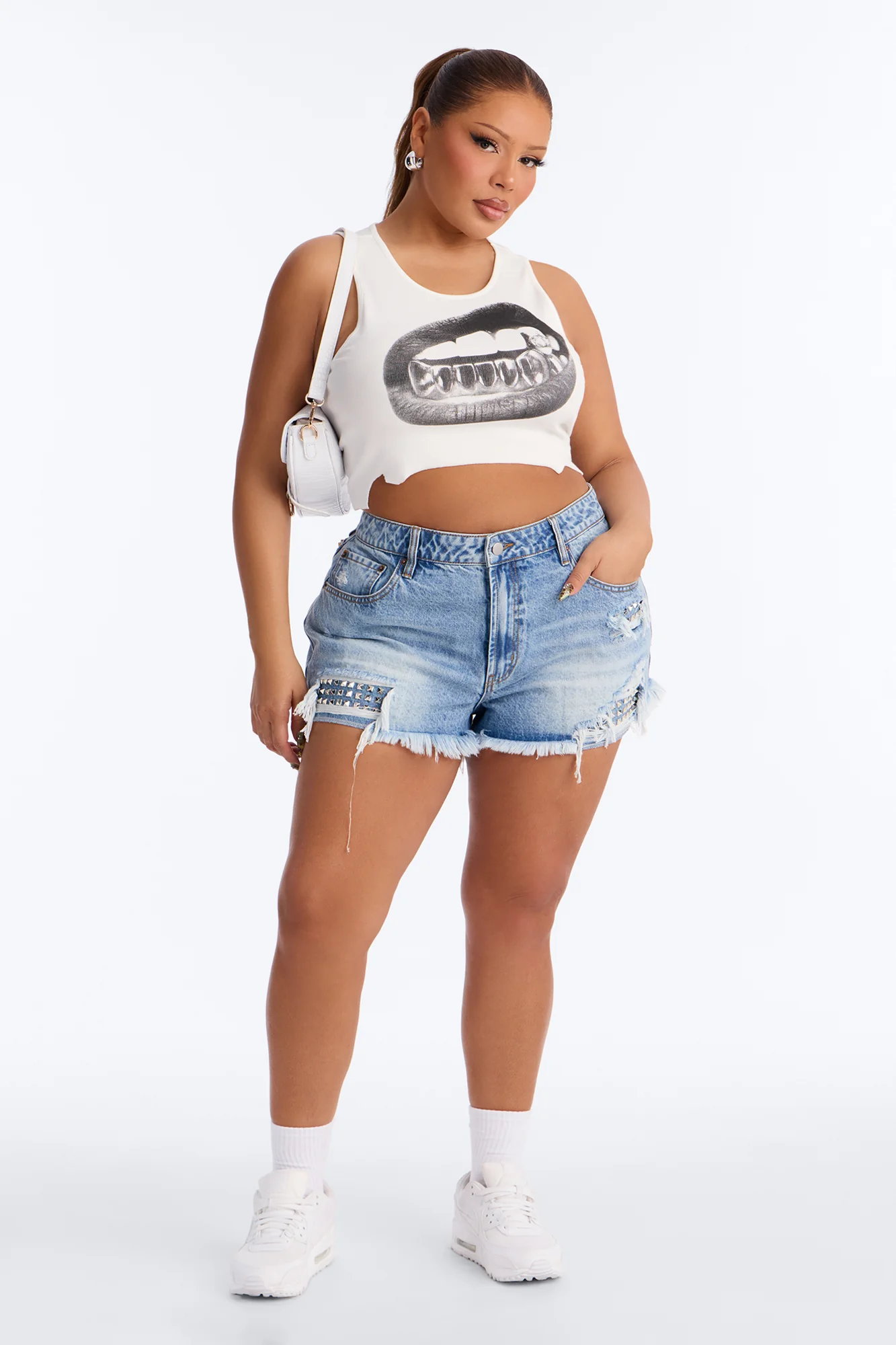 Music Hall Stud Embellished Ripped Denim Shorts - Light Wash - Image 5