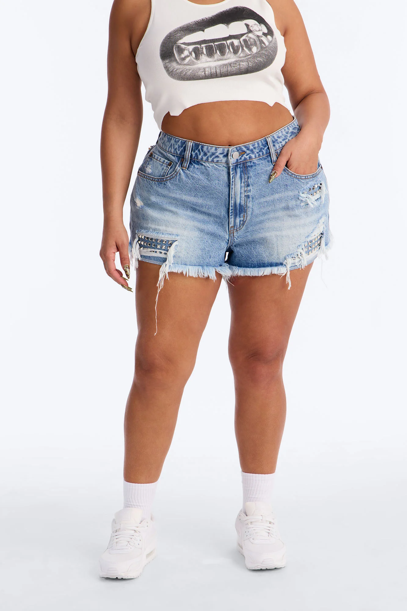 Music Hall Stud Embellished Ripped Denim Shorts - Light Wash - Image 6