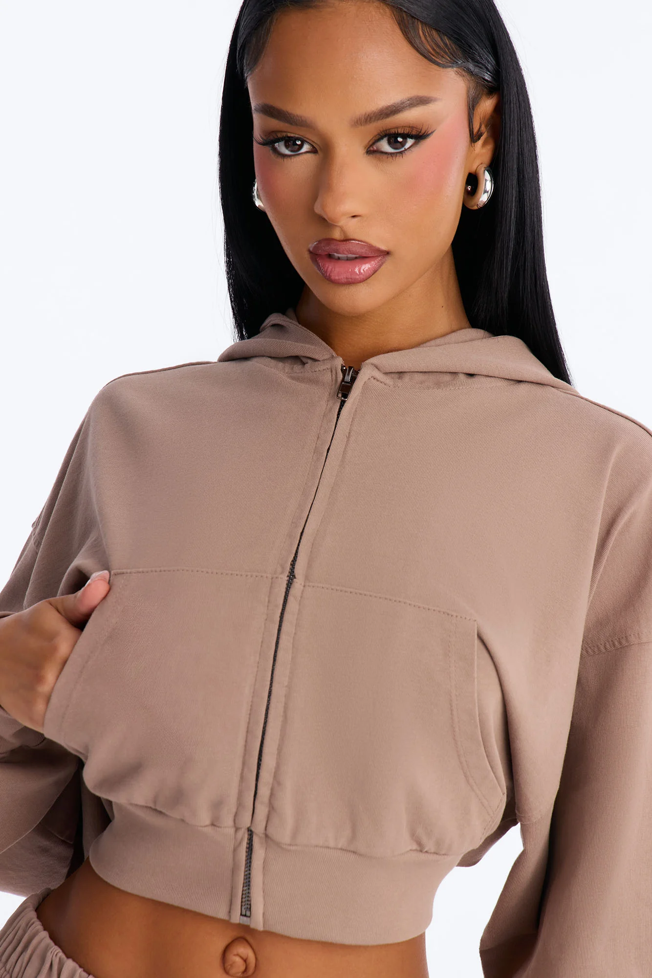 Mylie Cropped Zip Hoodie - Taupe - Image 3