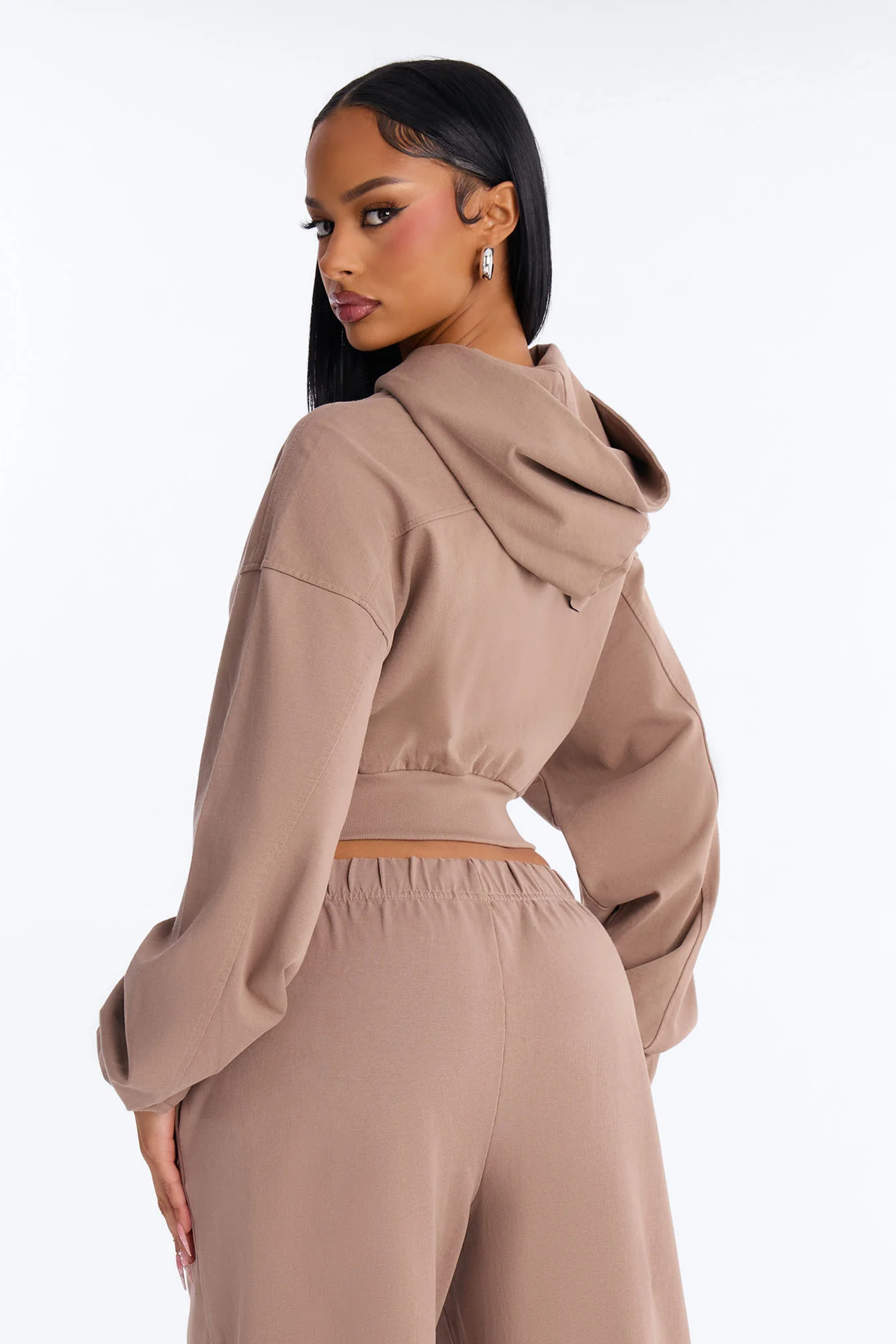 Mylie Cropped Zip Hoodie - Taupe - Image 4