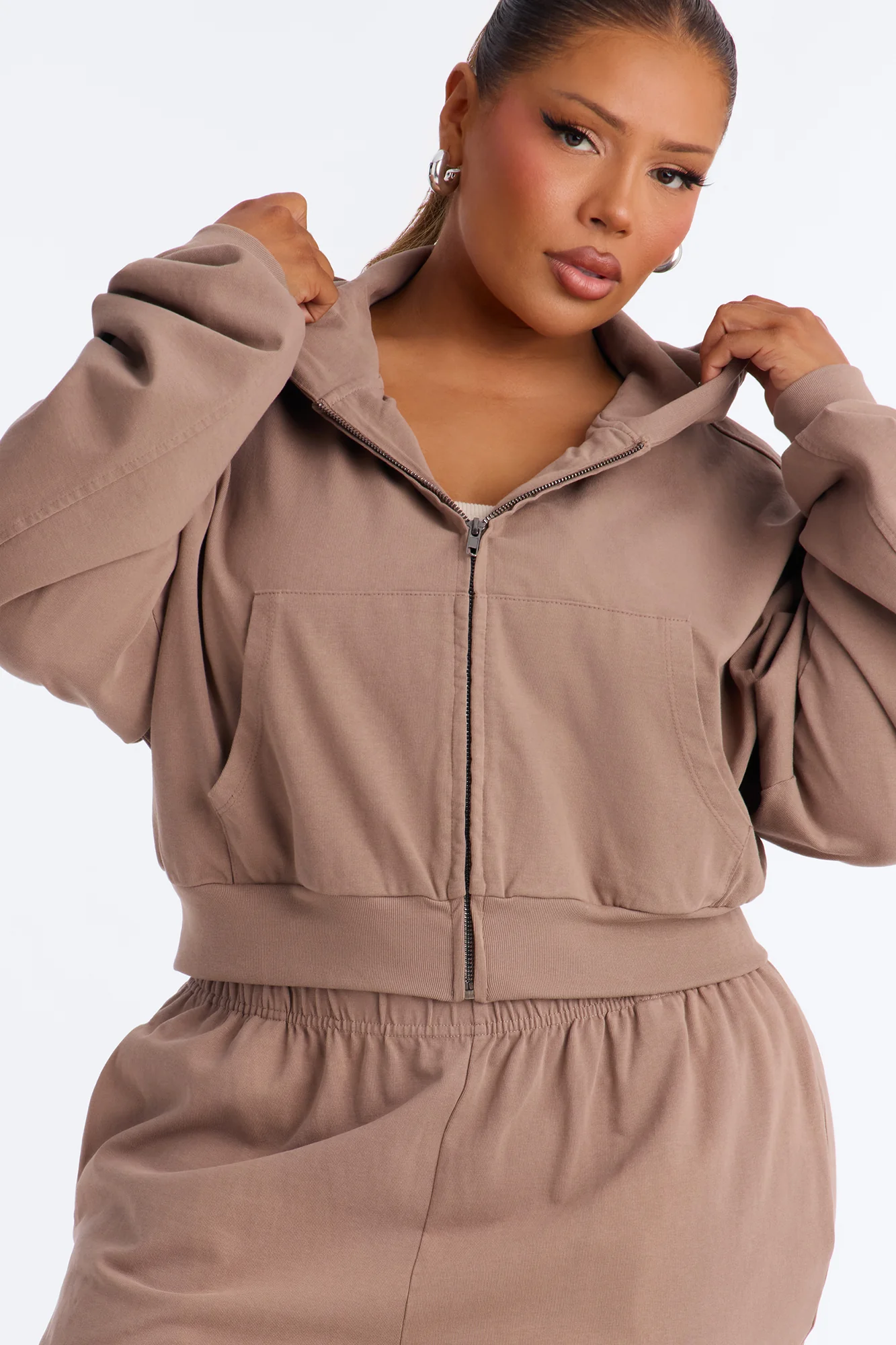 Mylie Cropped Zip Hoodie - Taupe - Image 7