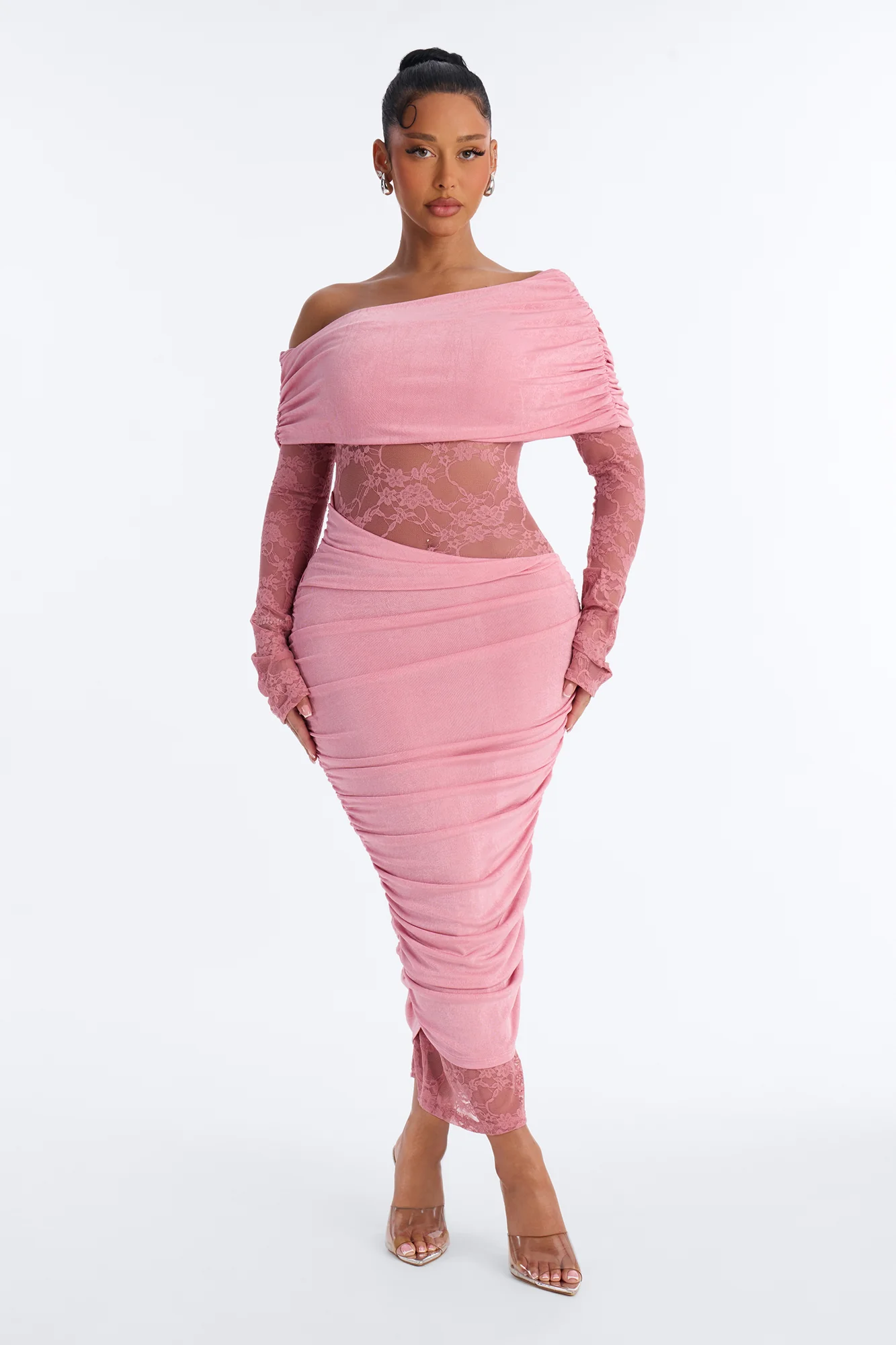 Nadia Lace Slinky Midi Dress - Mauve