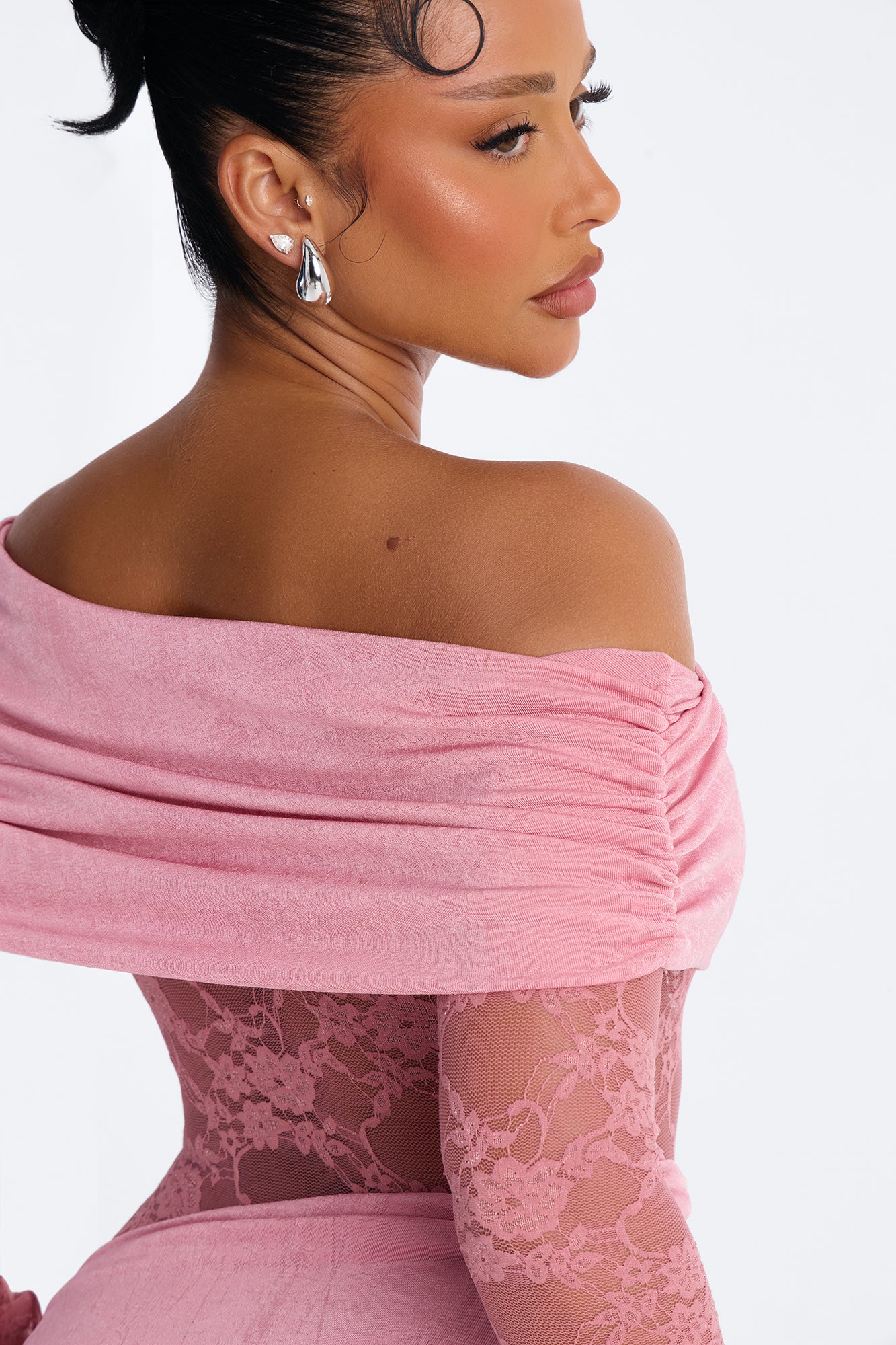 Nadia Lace Slinky Midi Dress - Mauve - Image 3