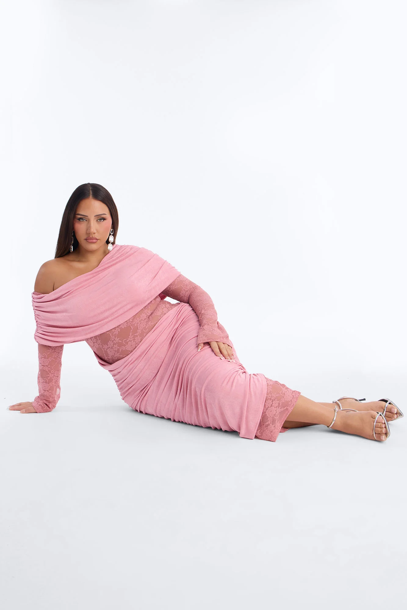 Nadia Lace Slinky Midi Dress - Mauve - Image 5