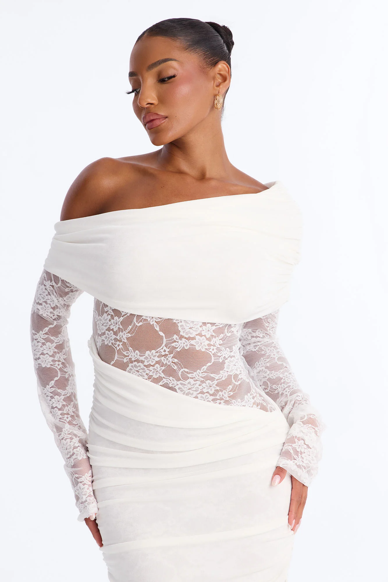 Nadia Lace Slinky Midi Dress - White - Image 2