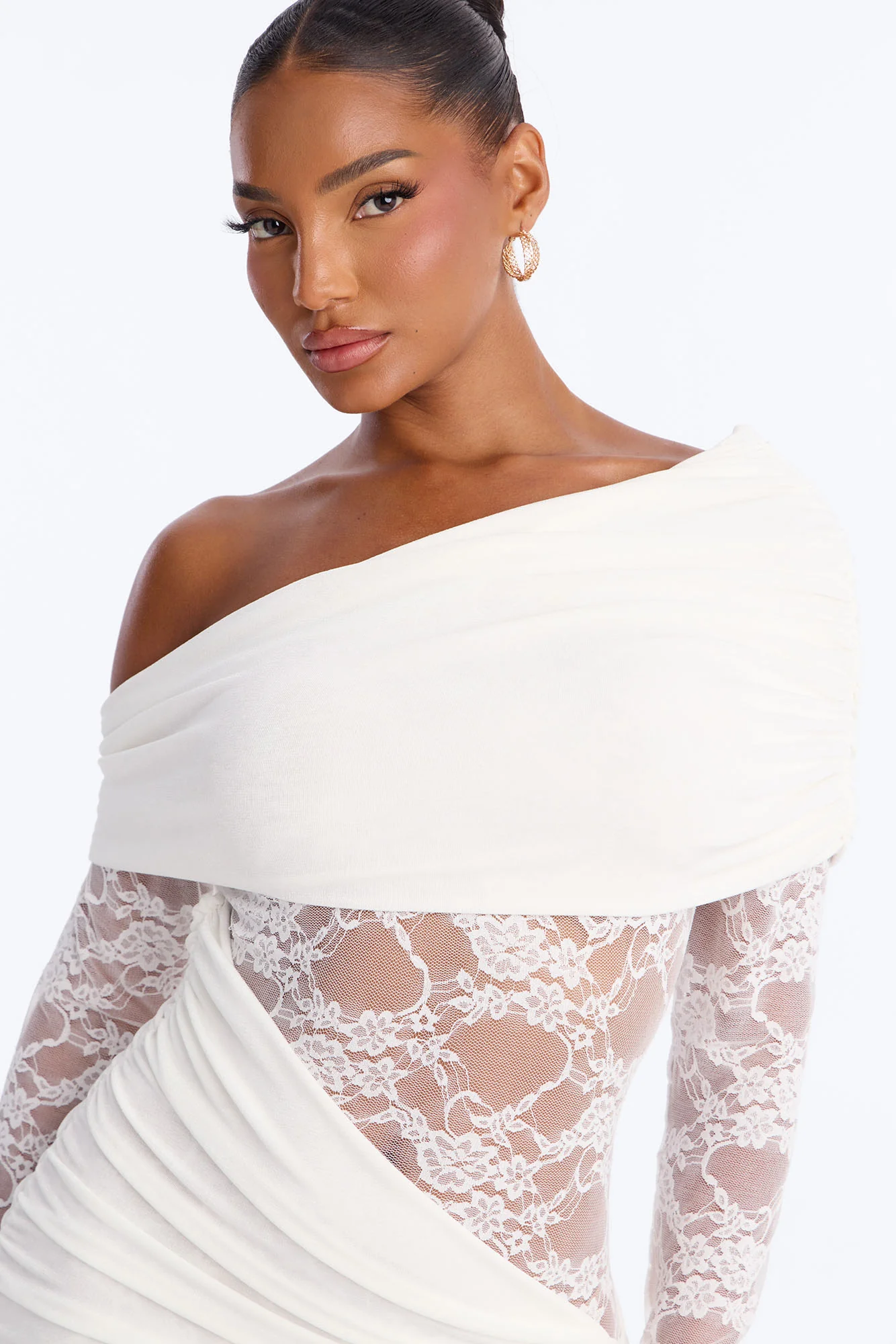 Nadia Lace Slinky Midi Dress - White - Image 3