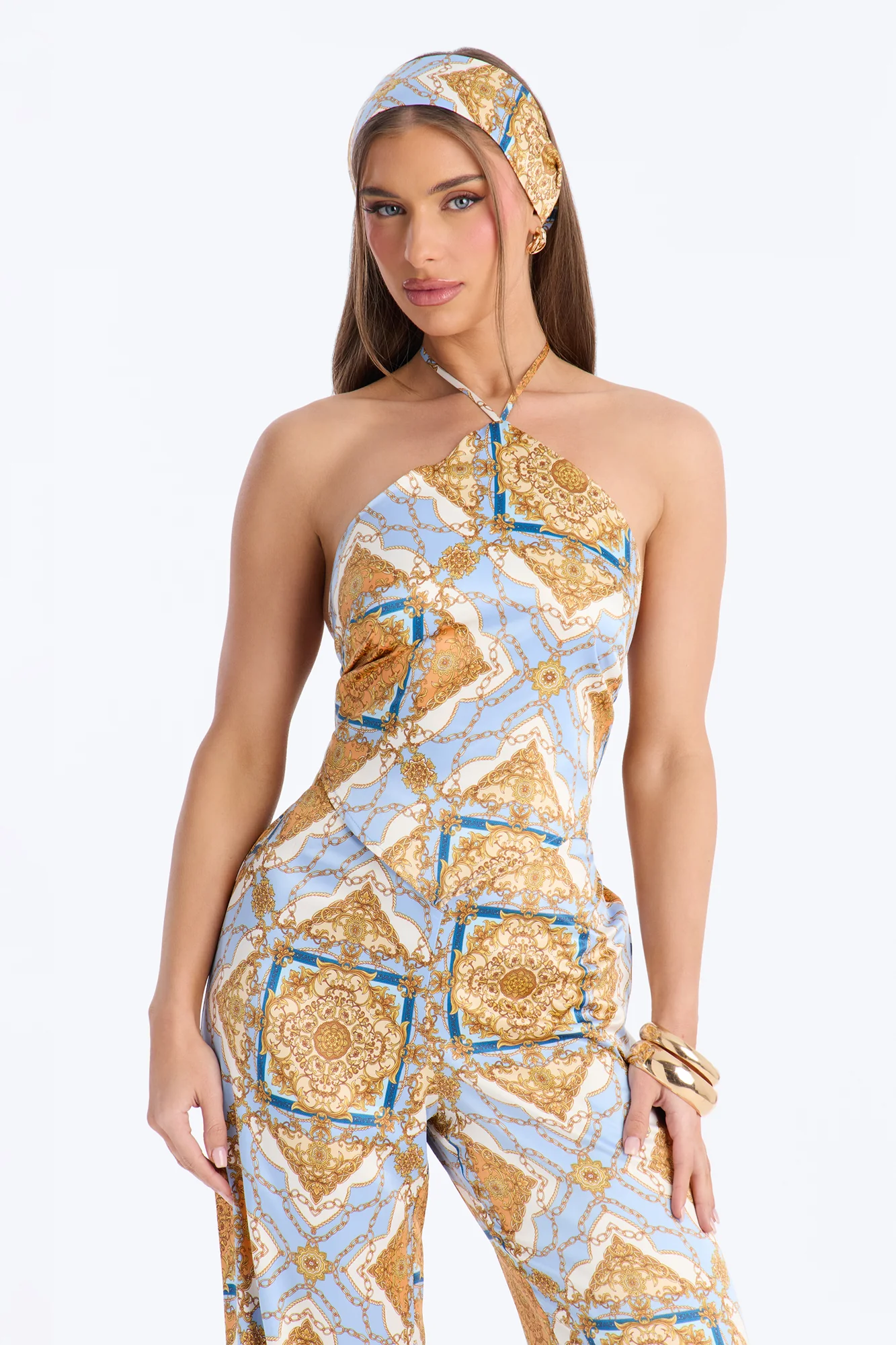 Nadia Satin 3 Piece Pant Set - Blue/combo - Image 2