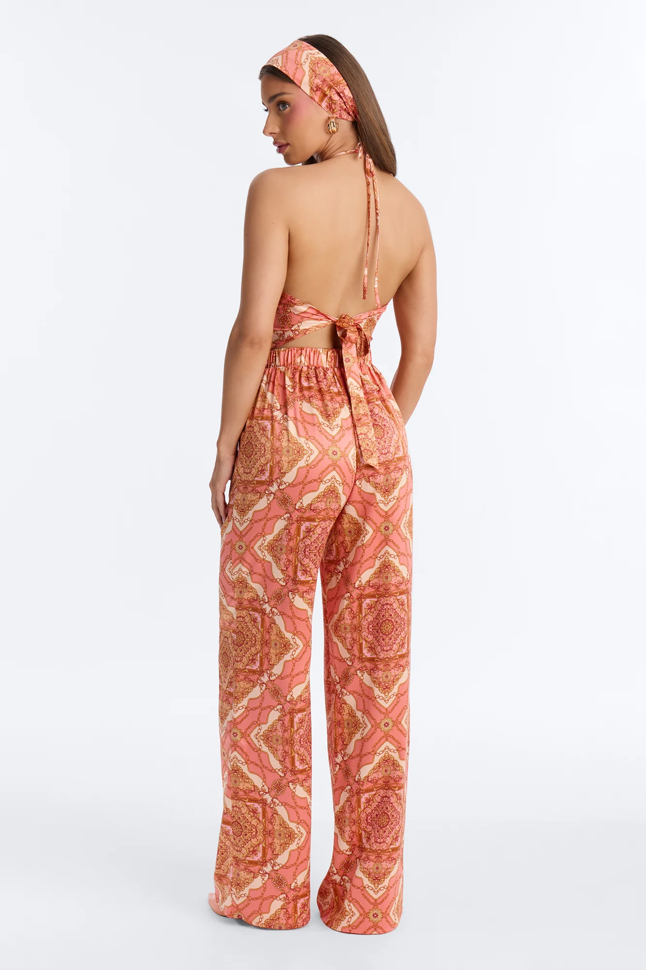 Nadia Satin 3 Piece Pant Set - Coral/combo - Image 4