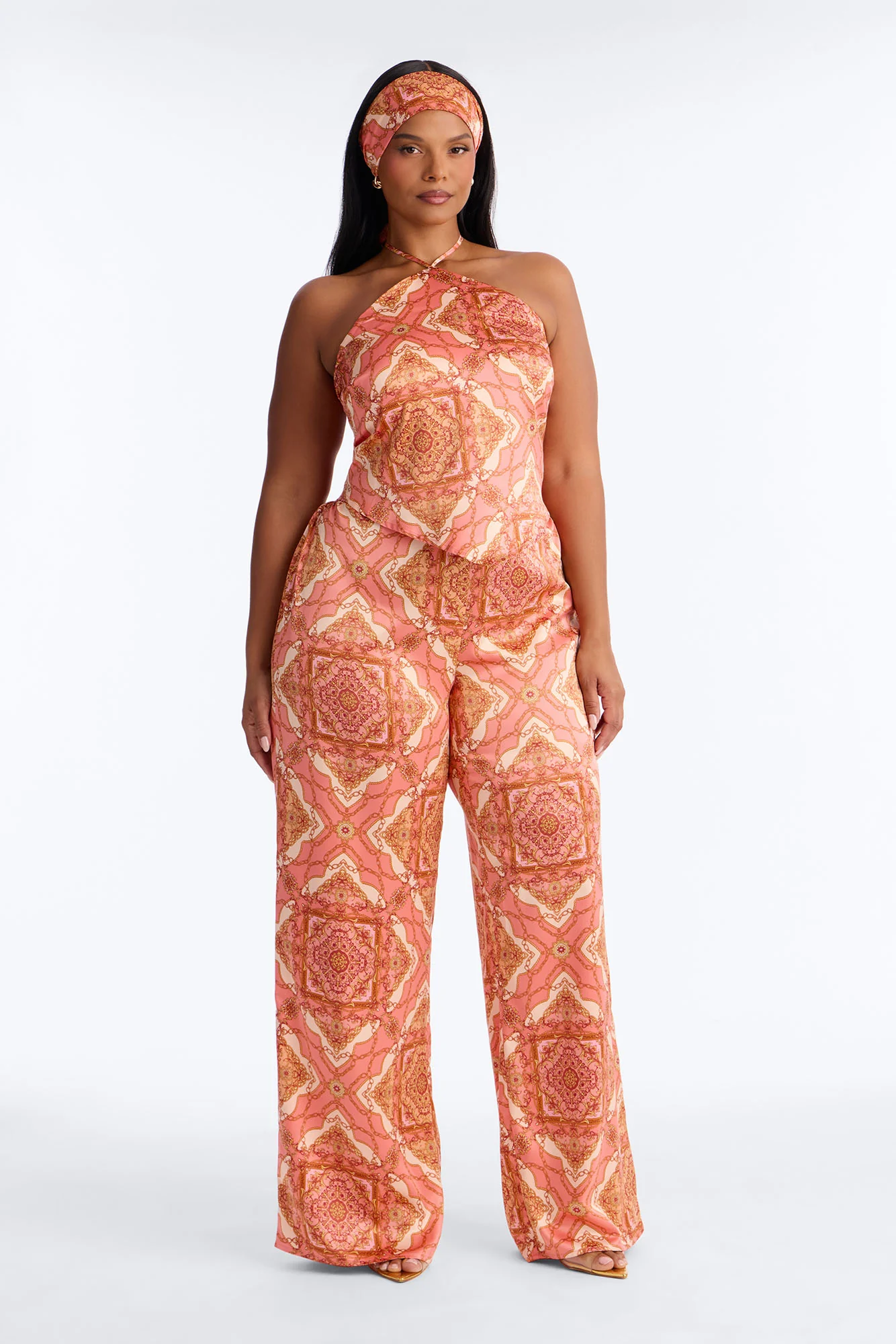 Nadia Satin 3 Piece Pant Set - Coral/combo - Image 5
