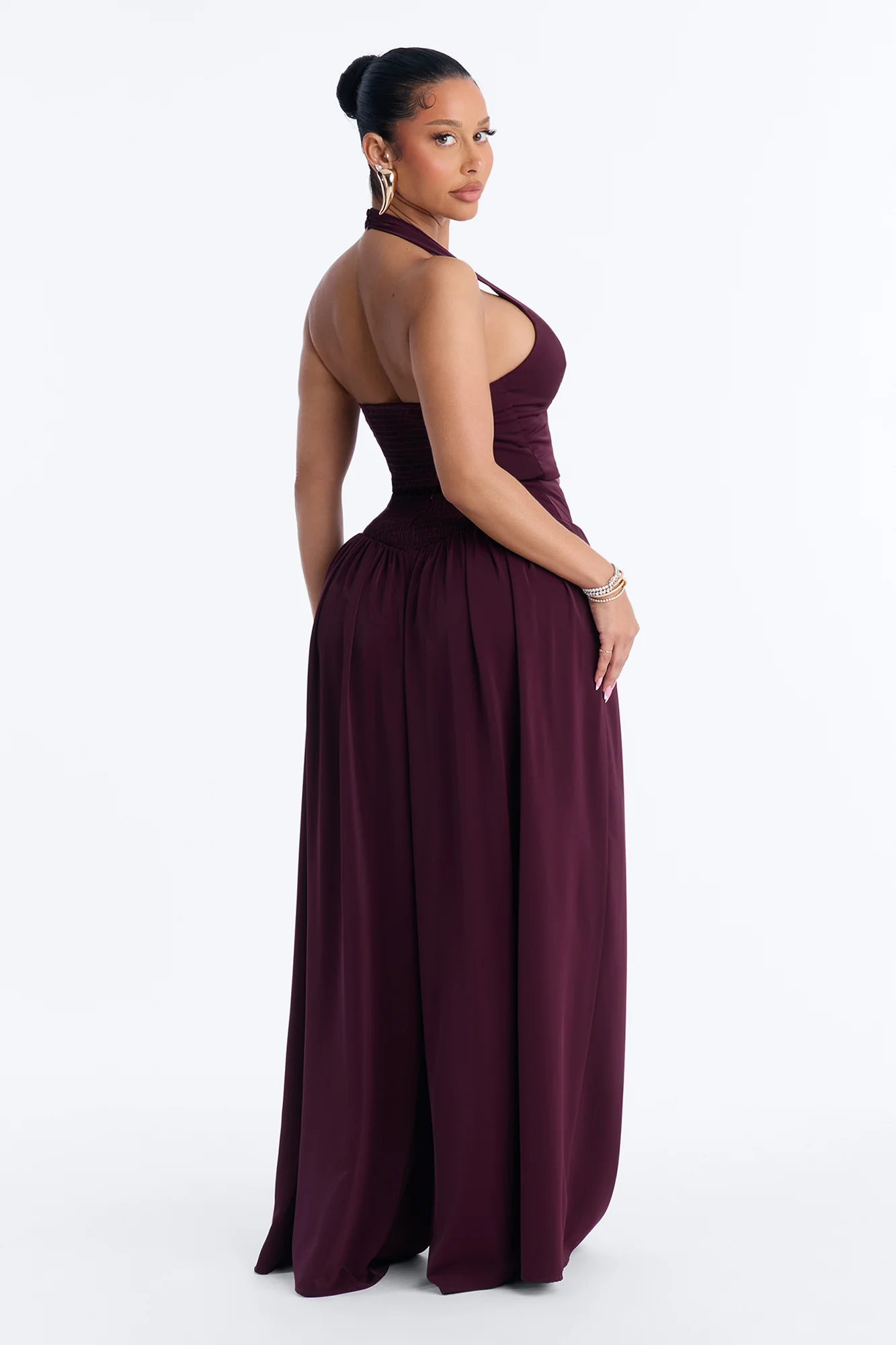 Nancy Satin Wide Leg Pant Set - Plum - Image 4