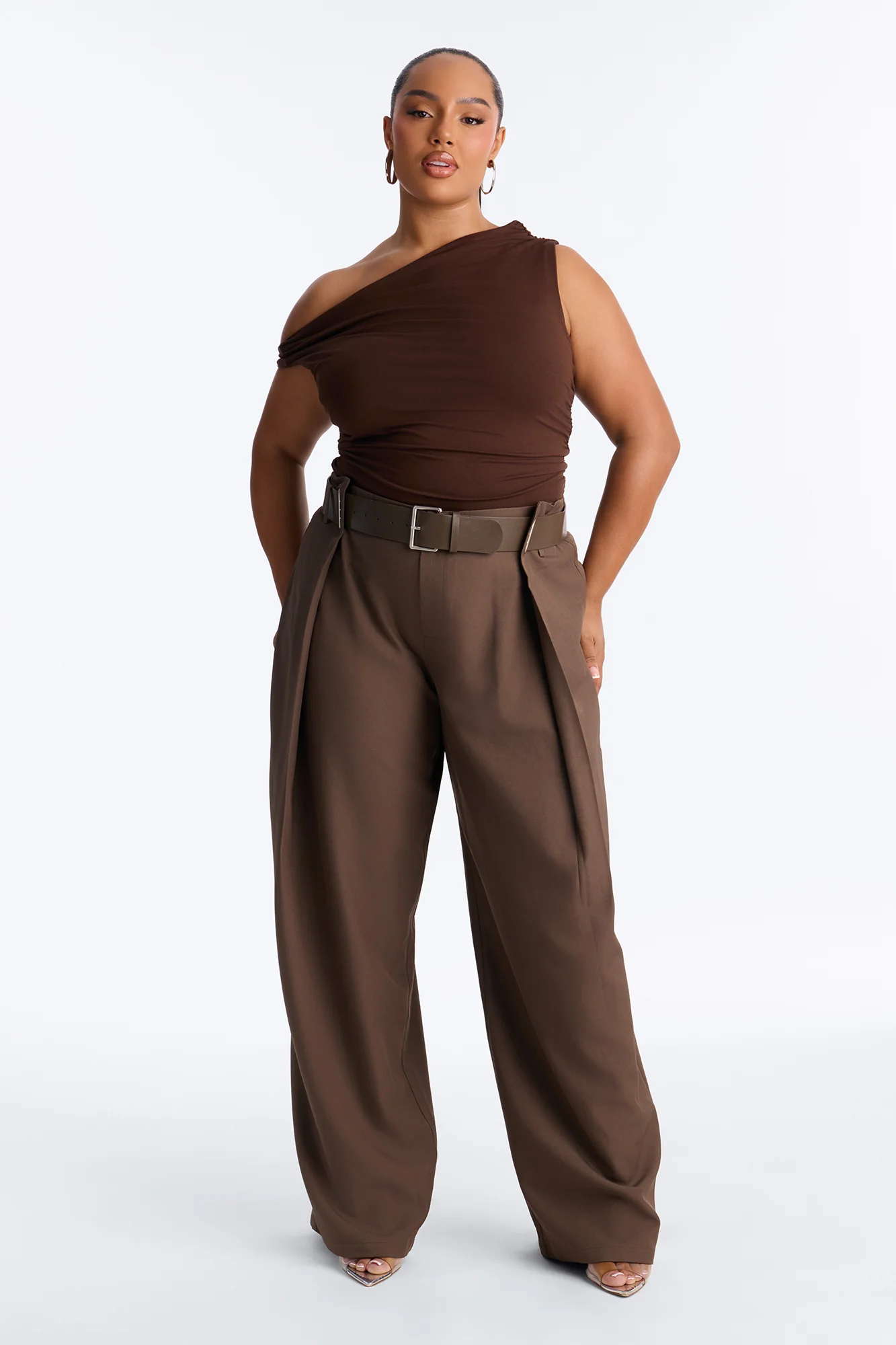 Natasha Belted Wide Leg Pleated Trouser - Brown