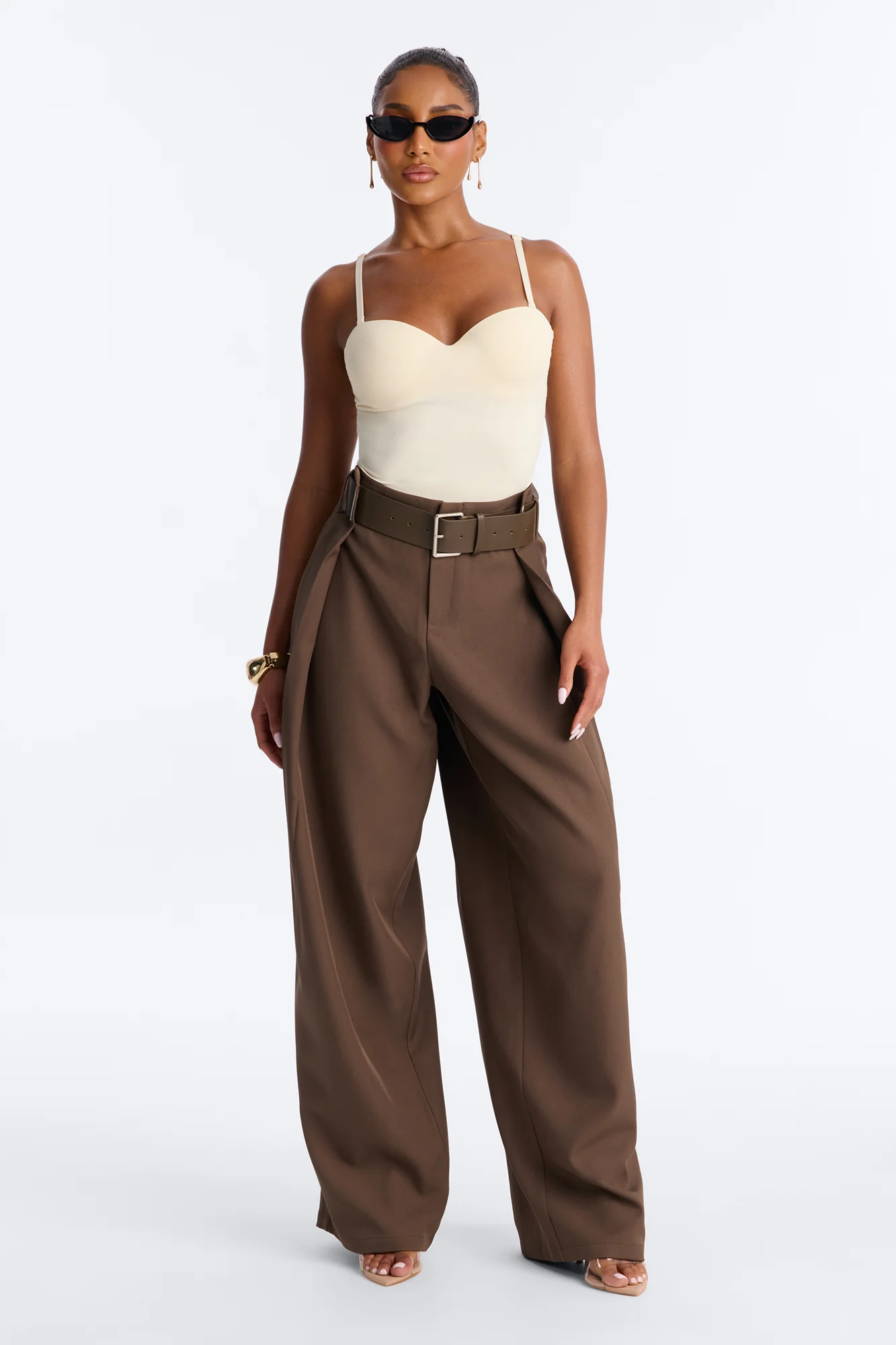 Natasha Belted Wide Leg Pleated Trouser - Brown - Image 5