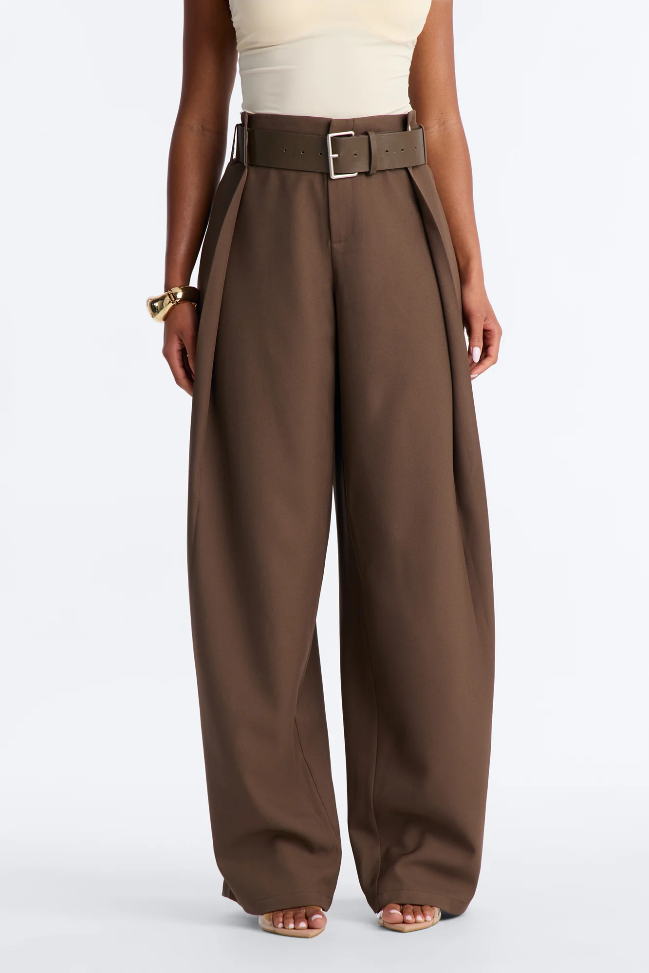 Natasha Belted Wide Leg Pleated Trouser - Brown - Image 6