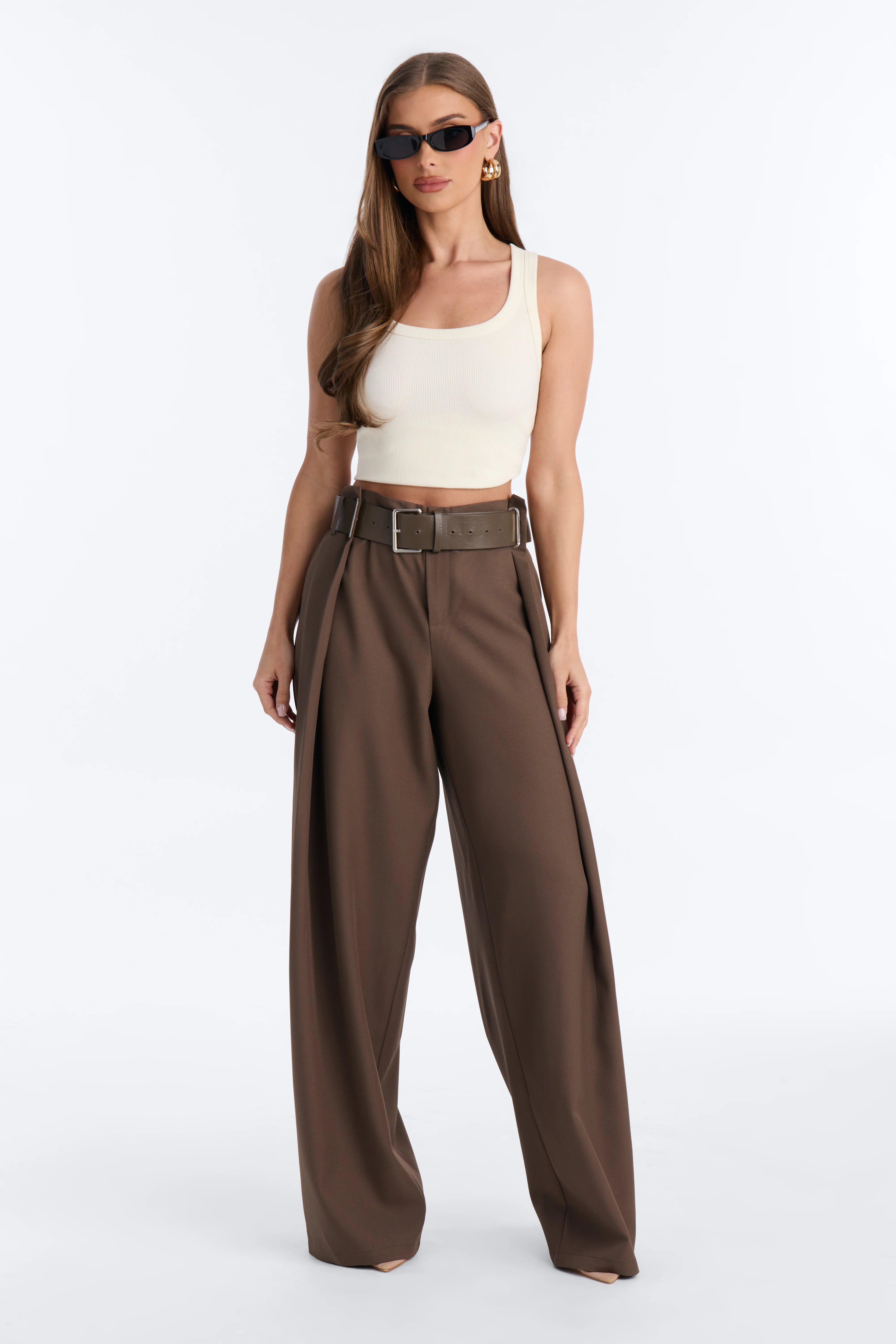 Natasha Belted Wide Leg Pleated Trouser - Brown - Image 8
