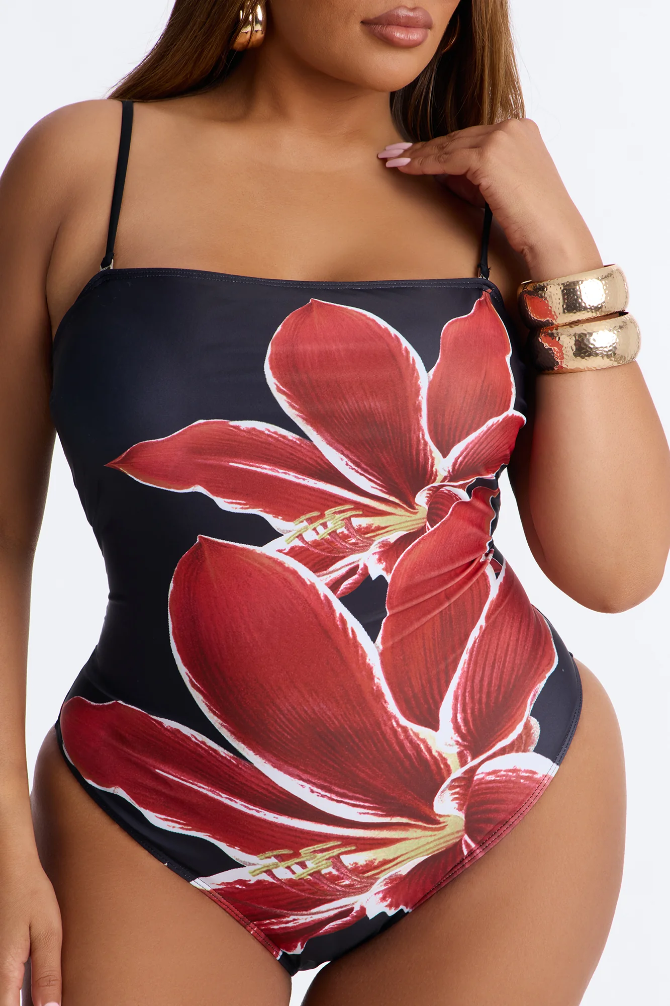 Nelissa Floral 1 Piece Strapless Swimsuit - Black/Red - Image 5