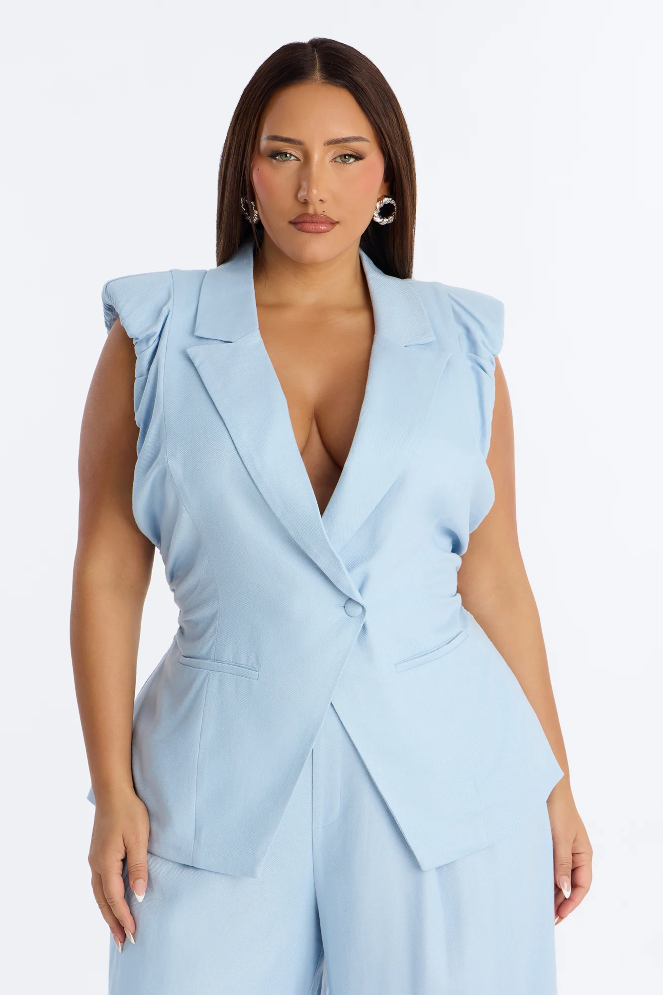 Nhulla Sleeveless Ruched Linen Blazer - Blue - Image 5
