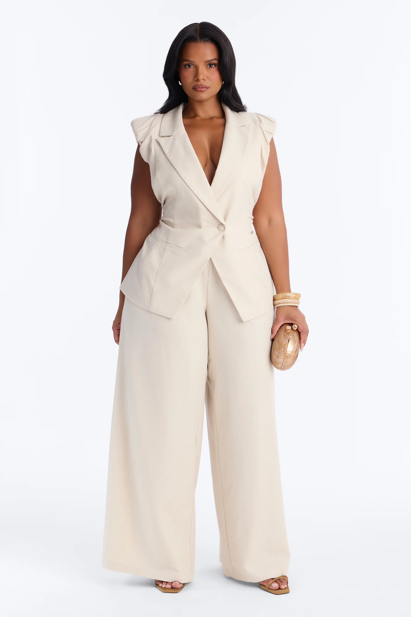 Nhulla Sleeveless Ruched Linen Blazer - Natural - Image 5