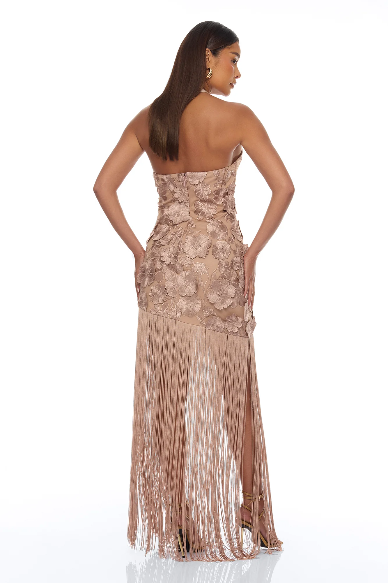 Nicole Embroidered Fringe Maxi Dress - Mocha - Image 3