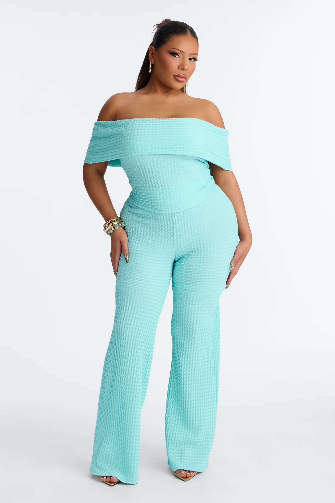 Nicole Textured Off Shoulder Pant Set - Aqua - Image 4
