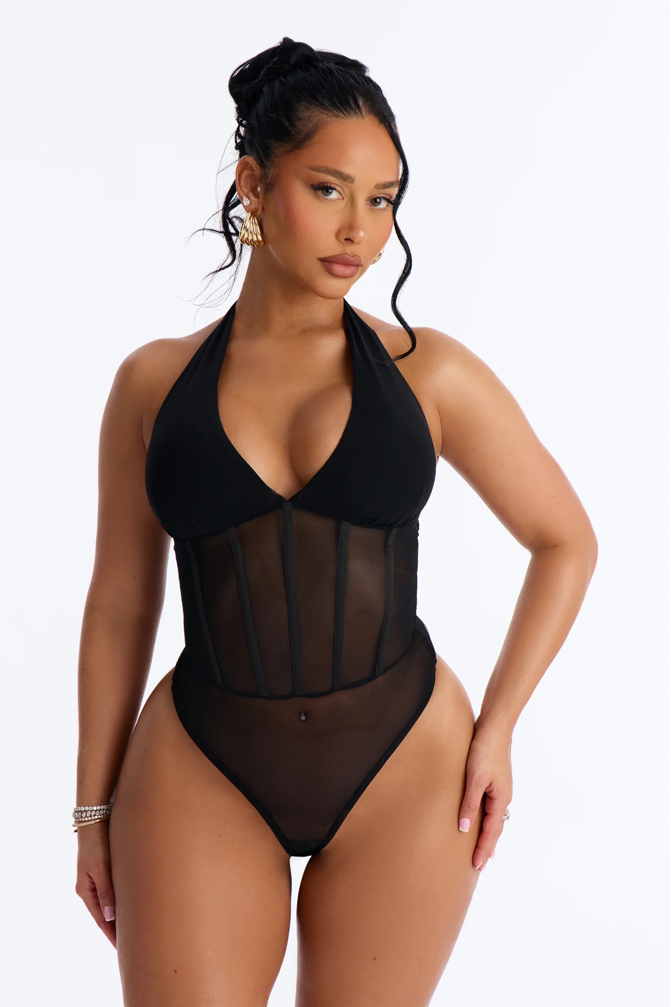 Nightfall Vibe Sheer Corset Waist Bodysuit - Black - Image 2