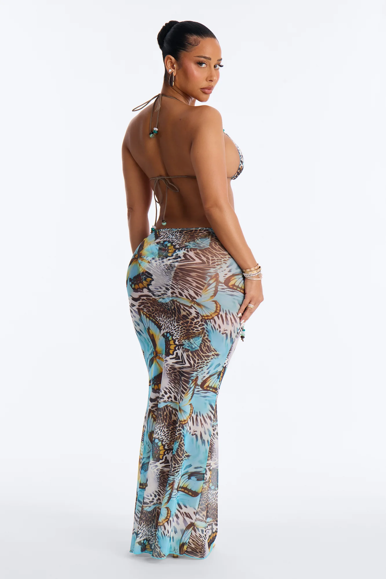 Nila Mixed Beaded Print 3 Piece Triangle Bikini & Skirt Set - Blue/combo - Image 5